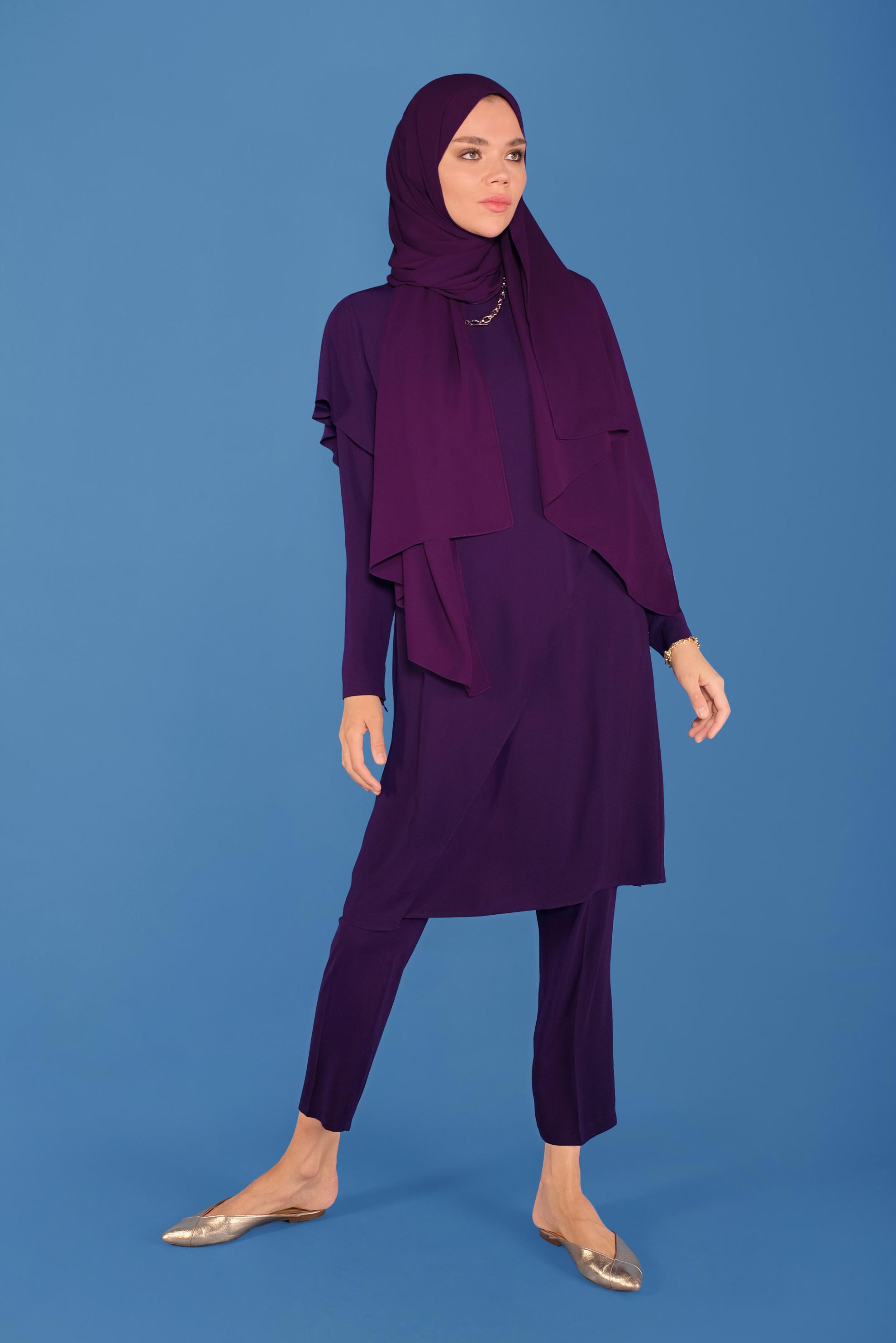 Tesettür giyim MOR ASİMETRİK VOLANLI İKİLİ PANT. TAKIM 30017 
