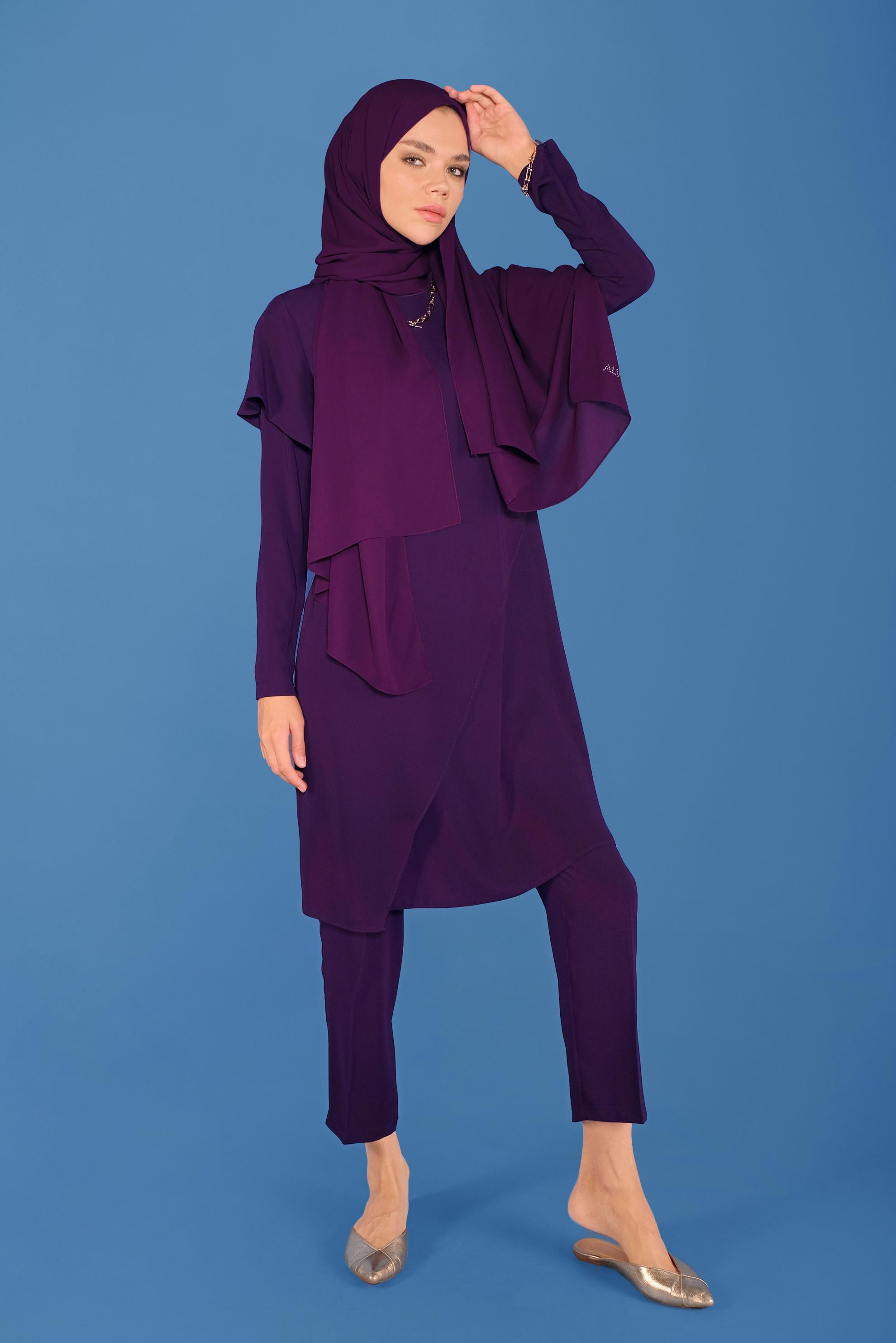 Tesettür giyim MOR ASİMETRİK VOLANLI İKİLİ PANT. TAKIM 30017 