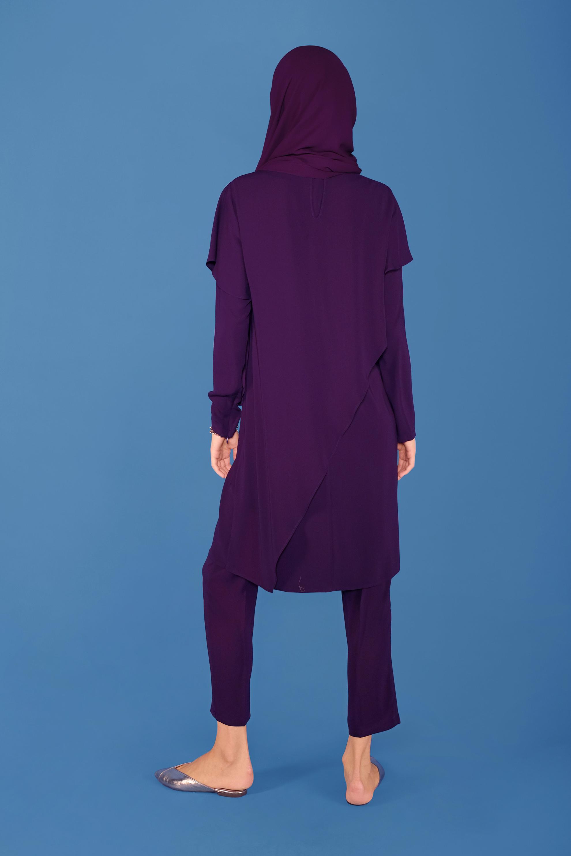 Tesettür giyim MOR ASİMETRİK VOLANLI İKİLİ PANT. TAKIM 30017 