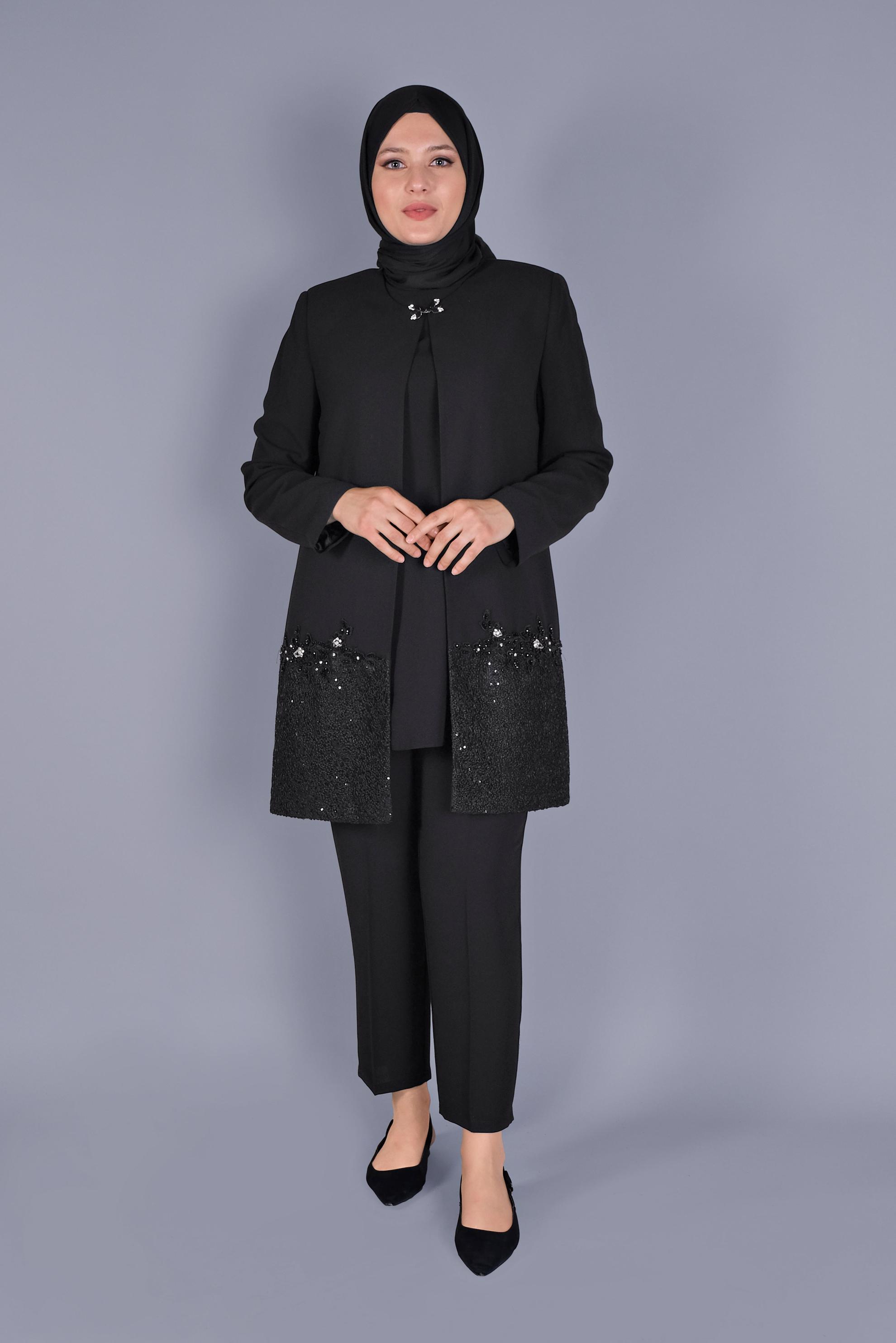Hijab clothing BLACK STONE DETAILED LACE 3-PIECE SUIT 30030