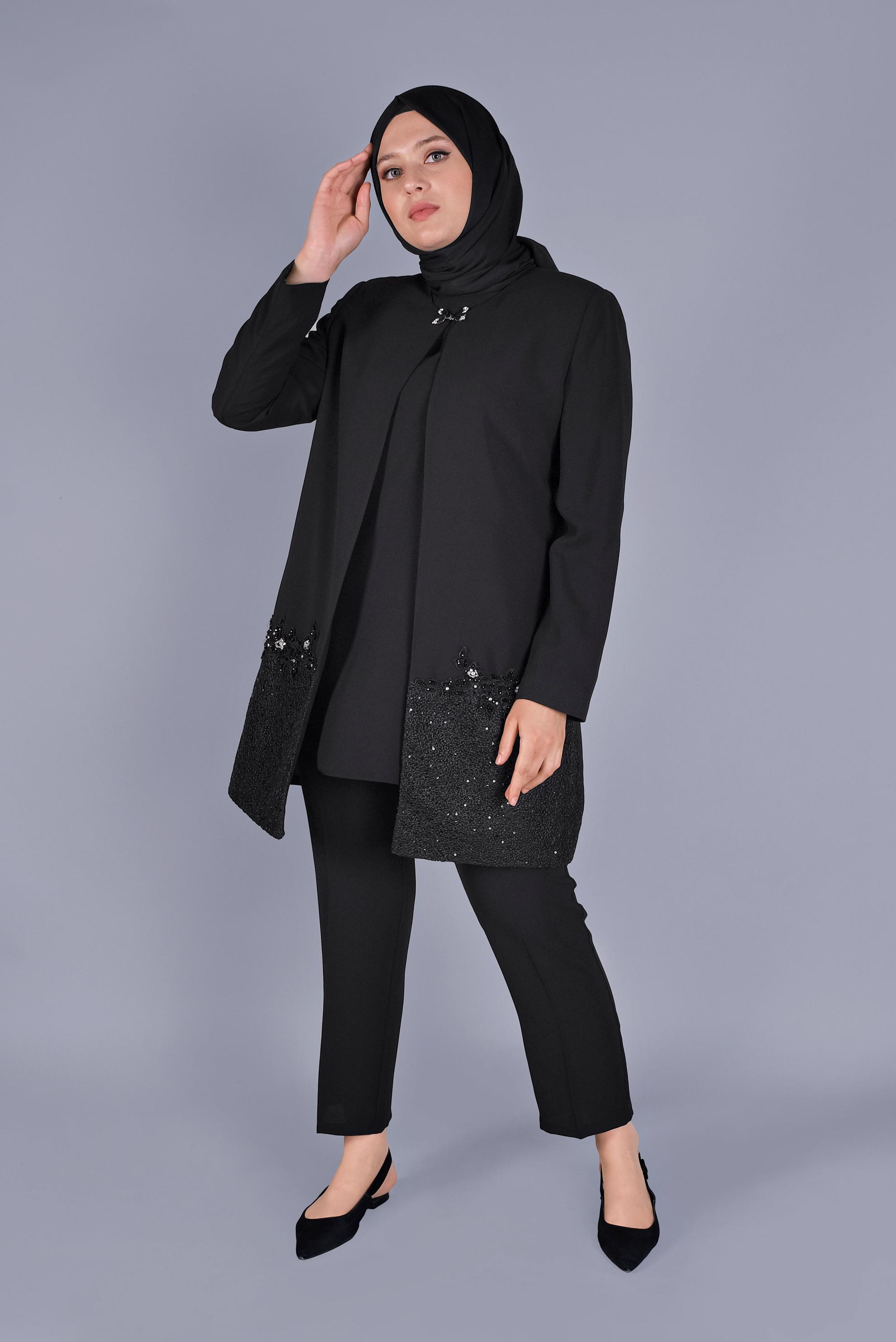 Hijab clothing BLACK STONE DETAILED LACE 3-PIECE SUIT 30030