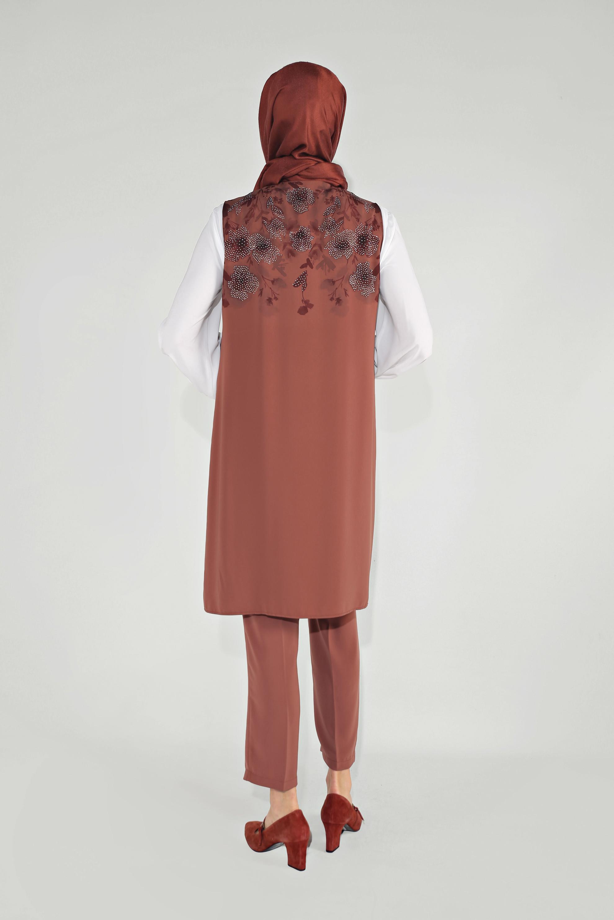 Tesettür giyim TURUNCU ÇİÇEK BASKILI 3 PARÇA TAKIM 30034