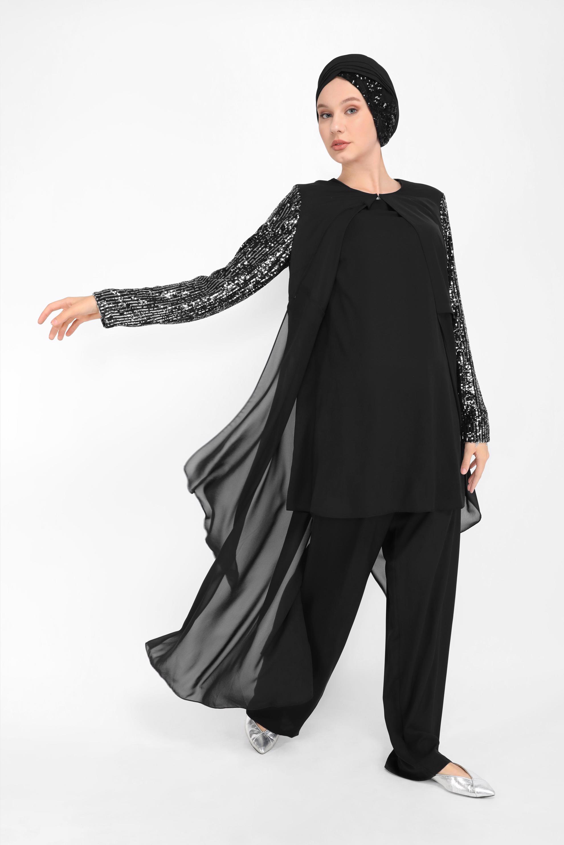 Tesettür giyim SİYAH KOLLARI PUL PAYETLİ ÜÇLÜ PANTOLONLU TAKIM 30036