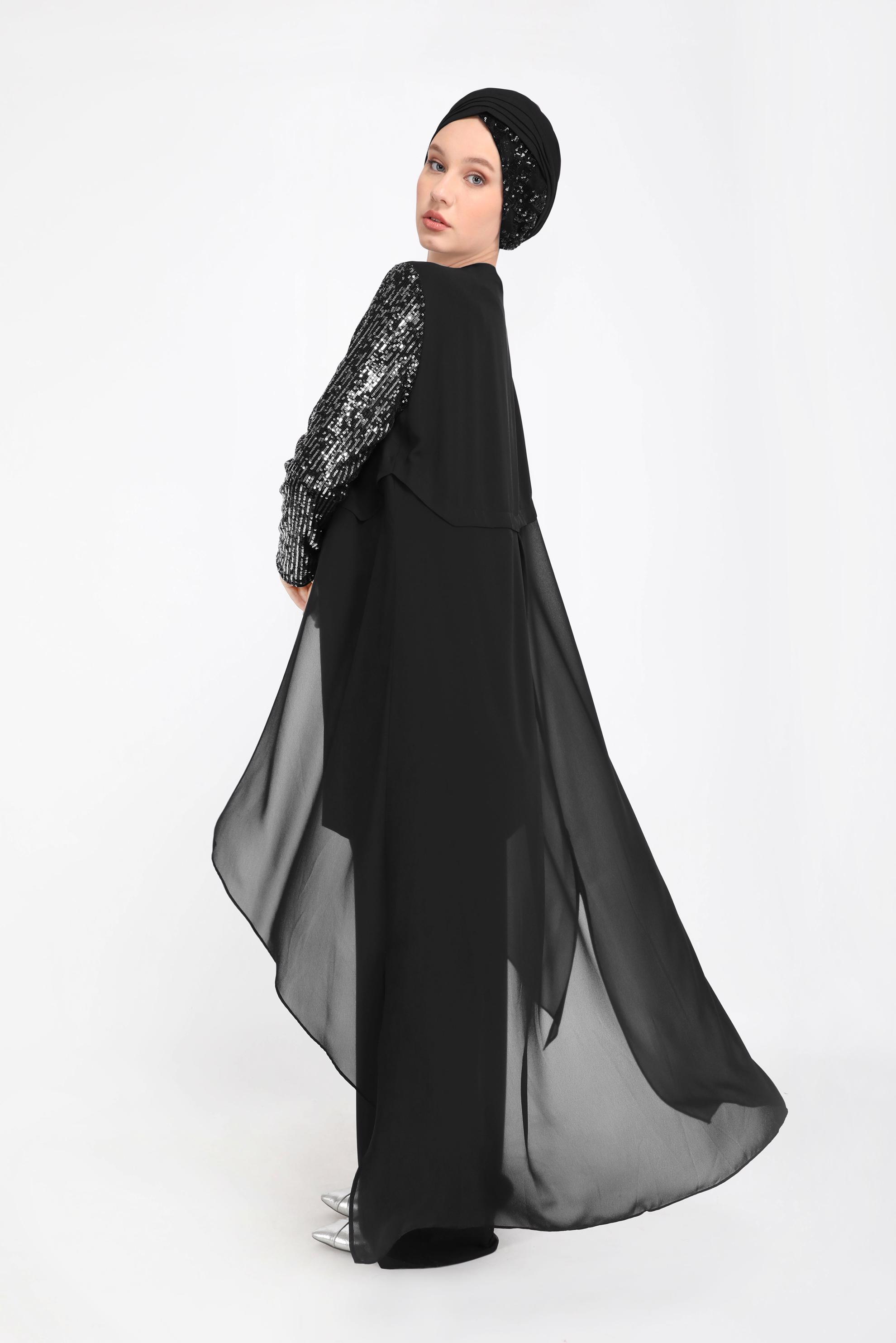 Tesettür giyim SİYAH KOLLARI PUL PAYETLİ ÜÇLÜ PANTOLONLU TAKIM 30036