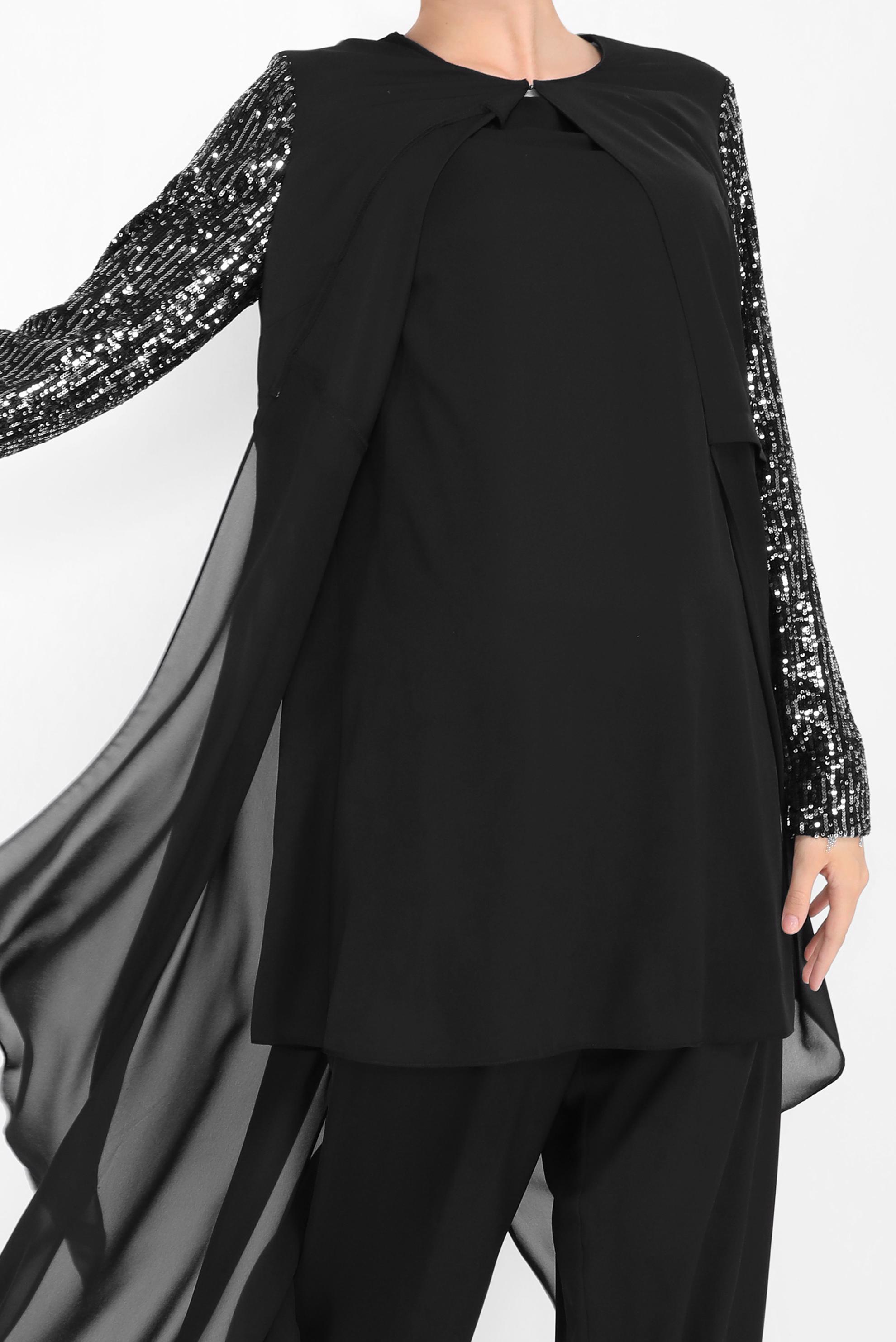 Tesettür giyim SİYAH KOLLARI PUL PAYETLİ ÜÇLÜ PANTOLONLU TAKIM 30036