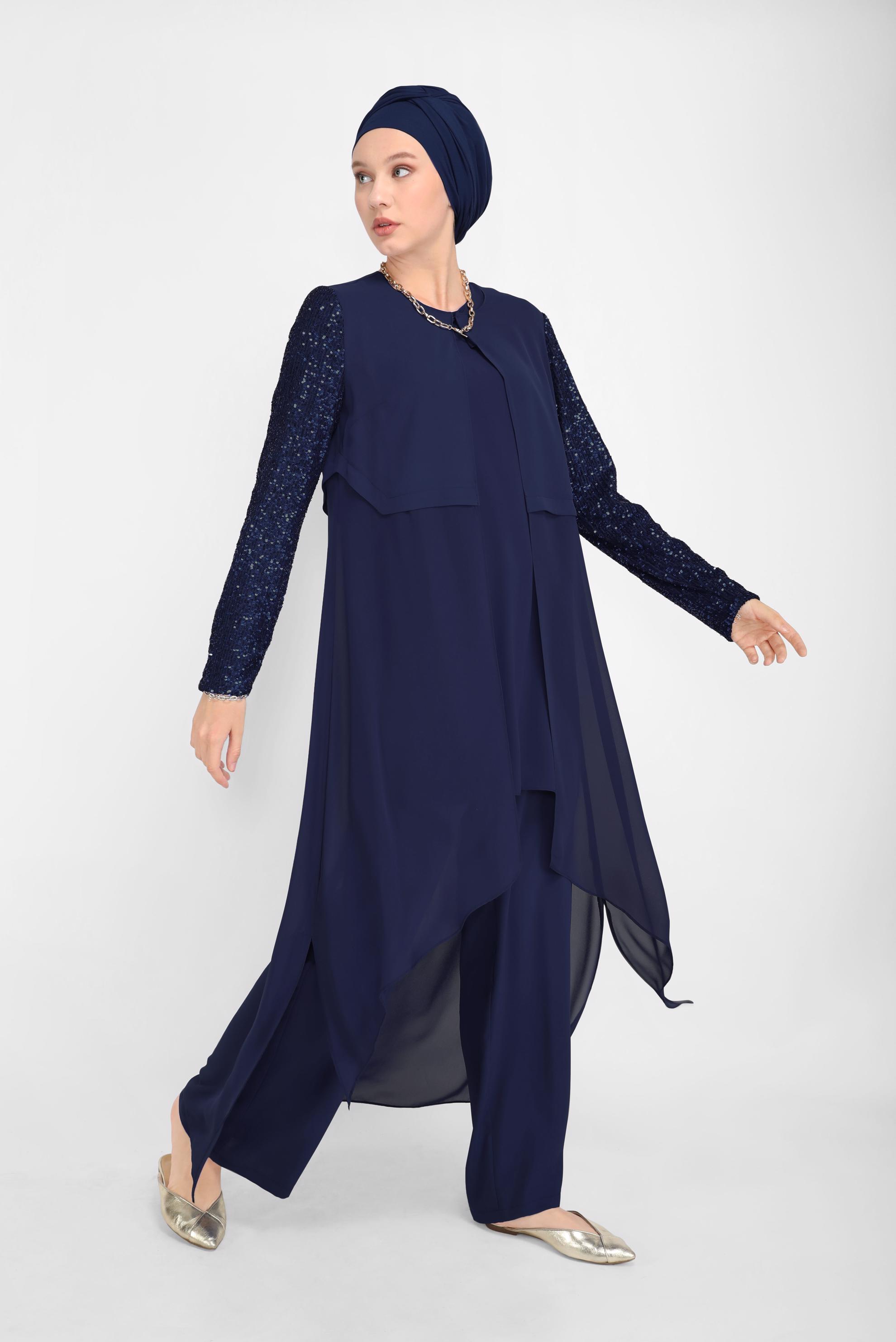 Tesettür giyim LACİVERT KOLLARI PUL PAYETLİ ÜÇLÜ PANTOLONLU TAKIM 30036
