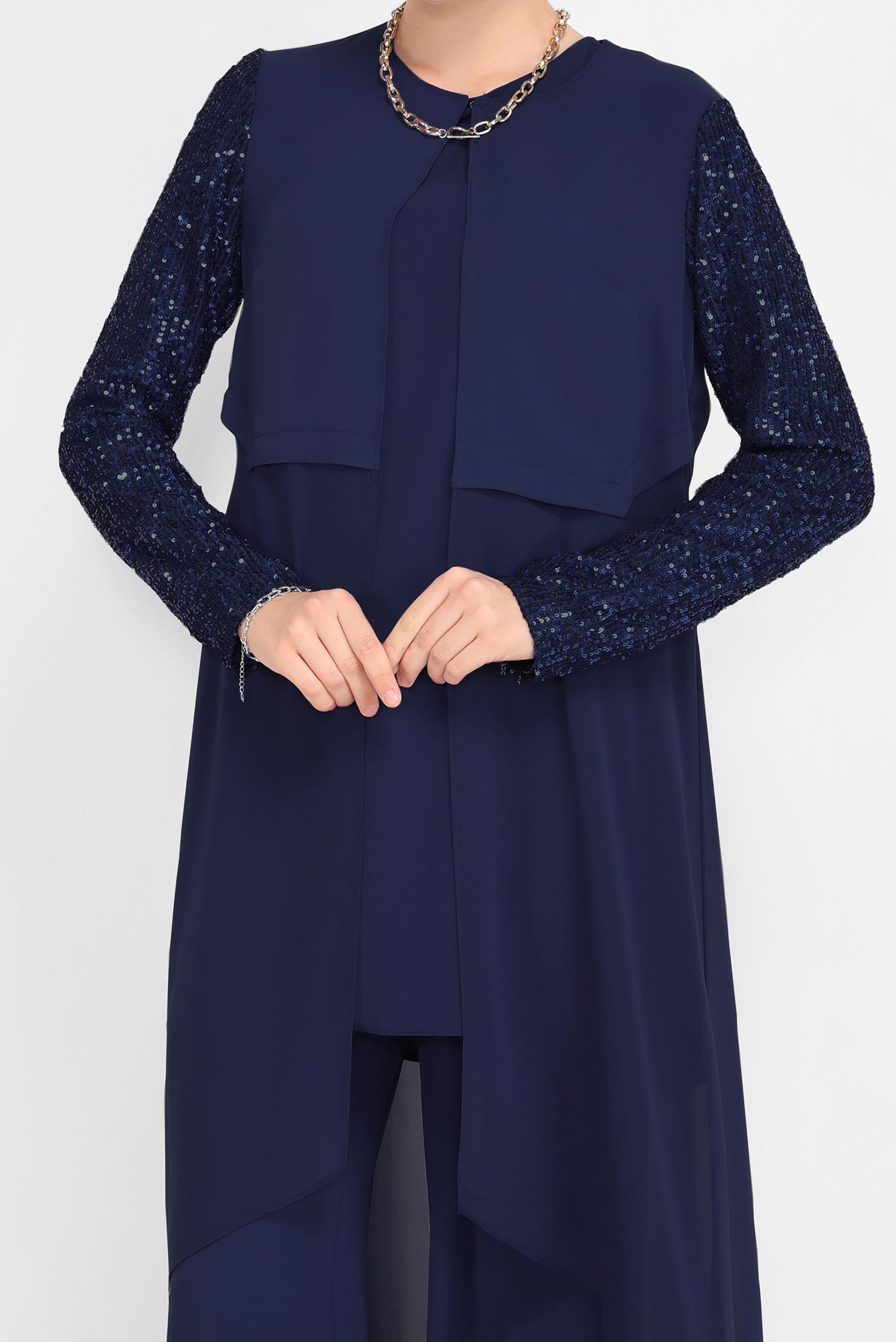 Tesettür giyim LACİVERT KOLLARI PUL PAYETLİ ÜÇLÜ PANTOLONLU TAKIM 30036