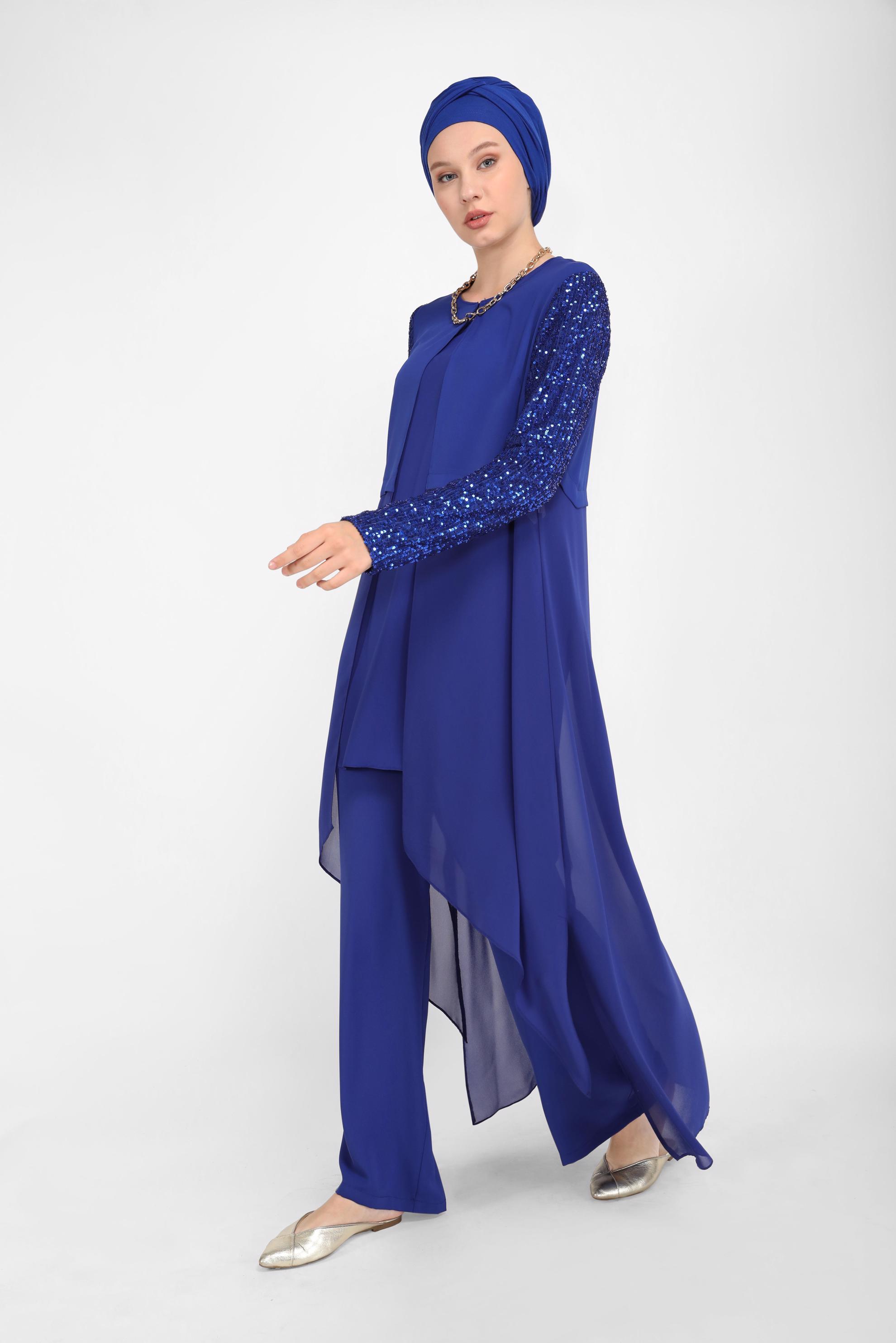 Tesettür giyim LACİVERT KOLLARI PUL PAYETLİ ÜÇLÜ PANTOLONLU TAKIM 30036