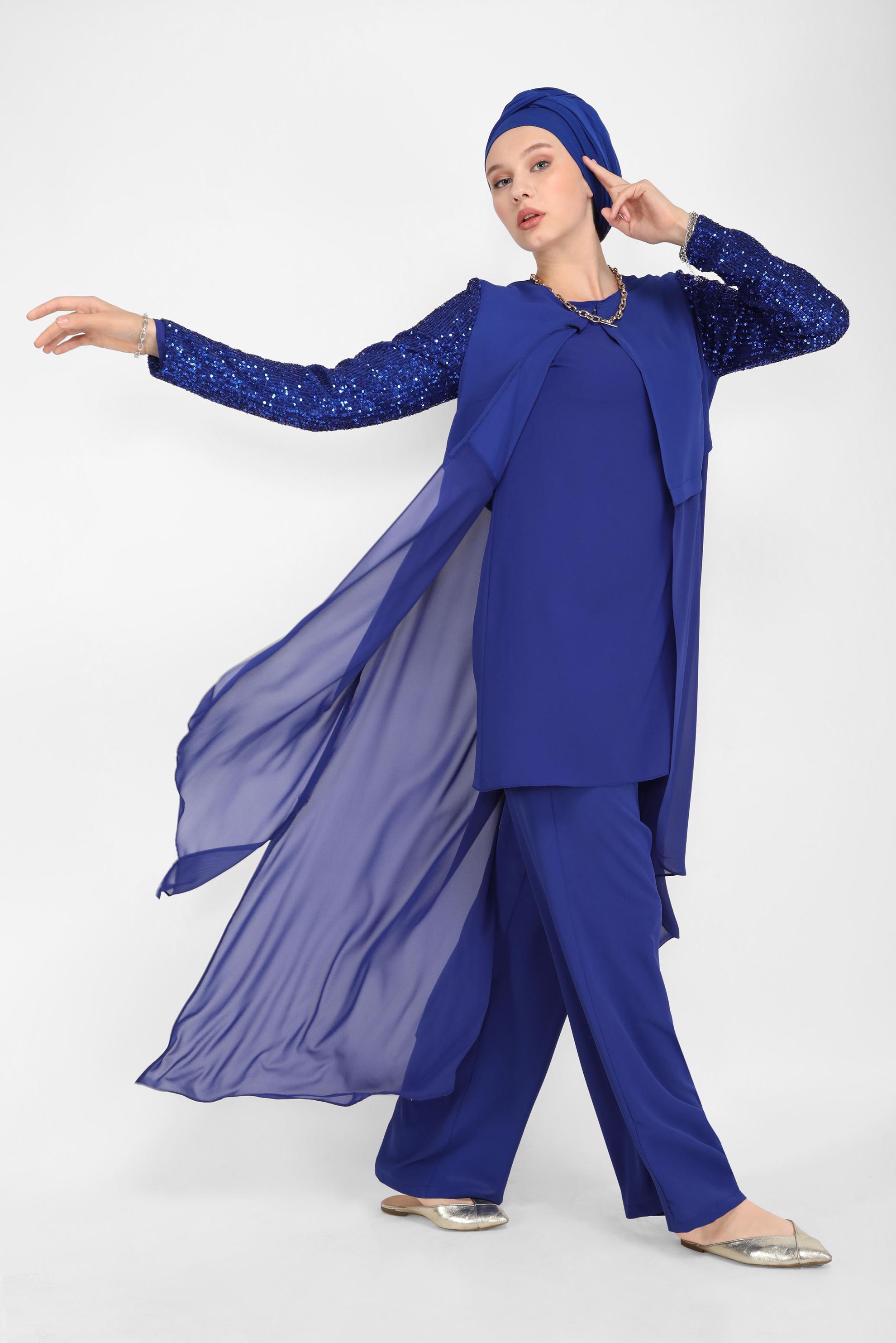 Tesettür giyim LACİVERT KOLLARI PUL PAYETLİ ÜÇLÜ PANTOLONLU TAKIM 30036