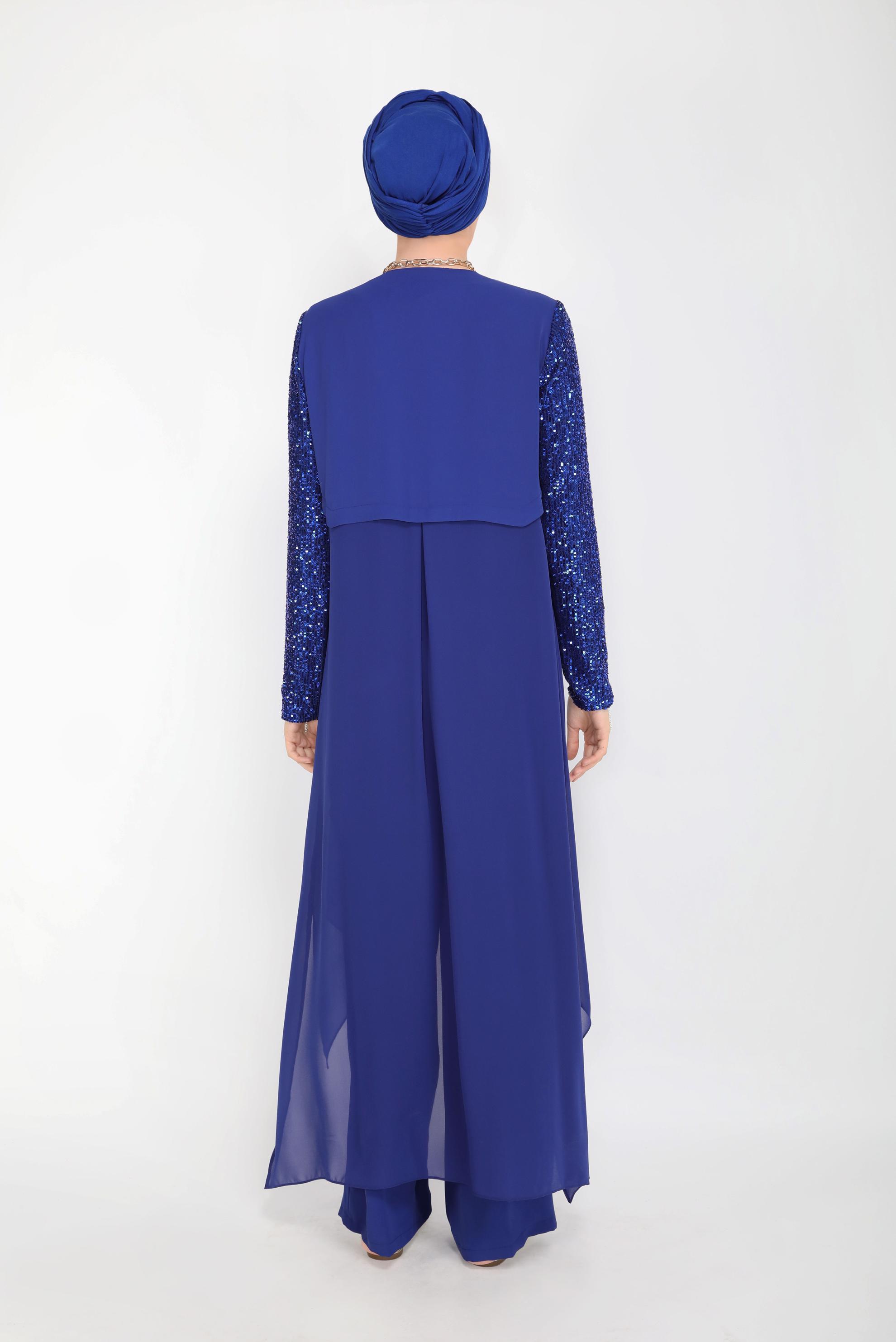 Tesettür giyim LACİVERT KOLLARI PUL PAYETLİ ÜÇLÜ PANTOLONLU TAKIM 30036