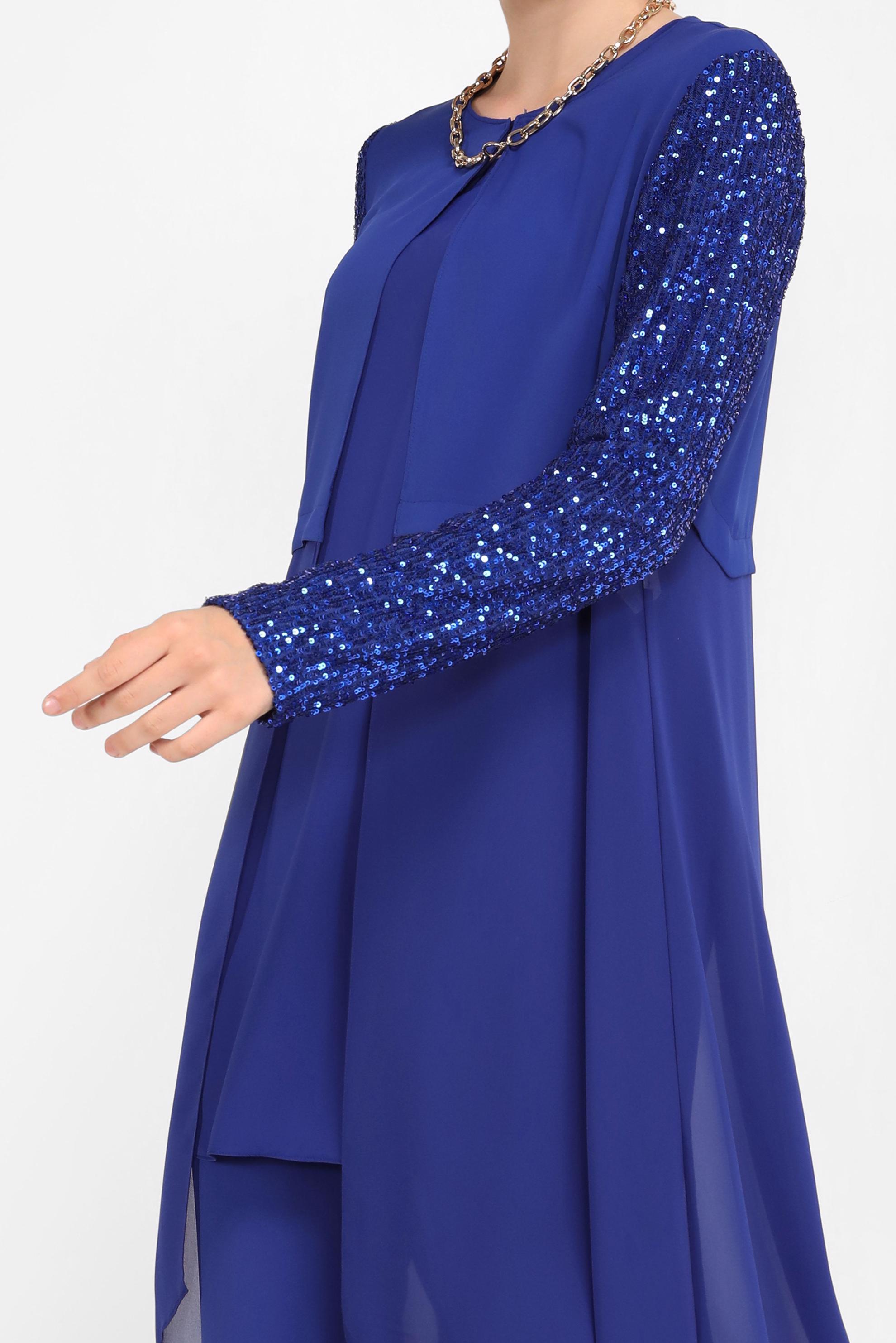 Tesettür giyim LACİVERT KOLLARI PUL PAYETLİ ÜÇLÜ PANTOLONLU TAKIM 30036