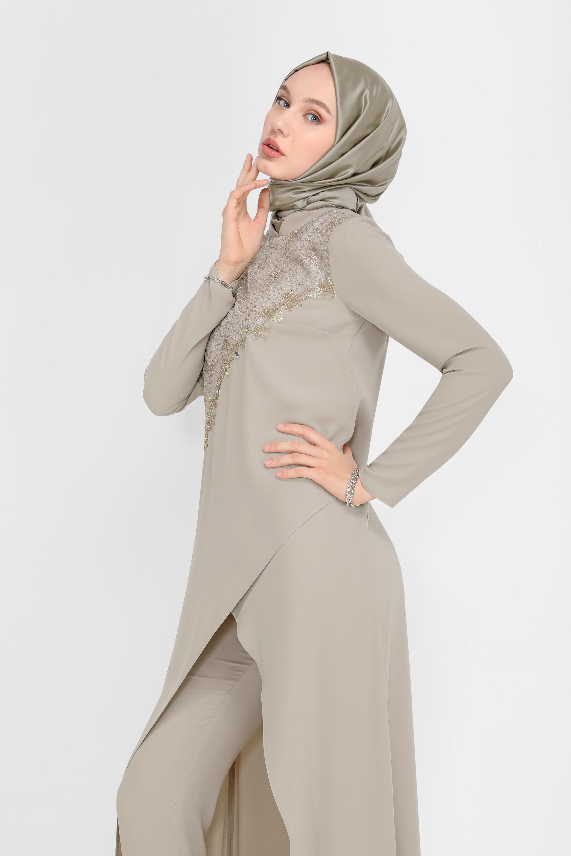 Tesettür giyim VİZON ASİMETRİK KESİM GÜPÜR DETAYLI İKİLİ PANT. TAKIM 30044   