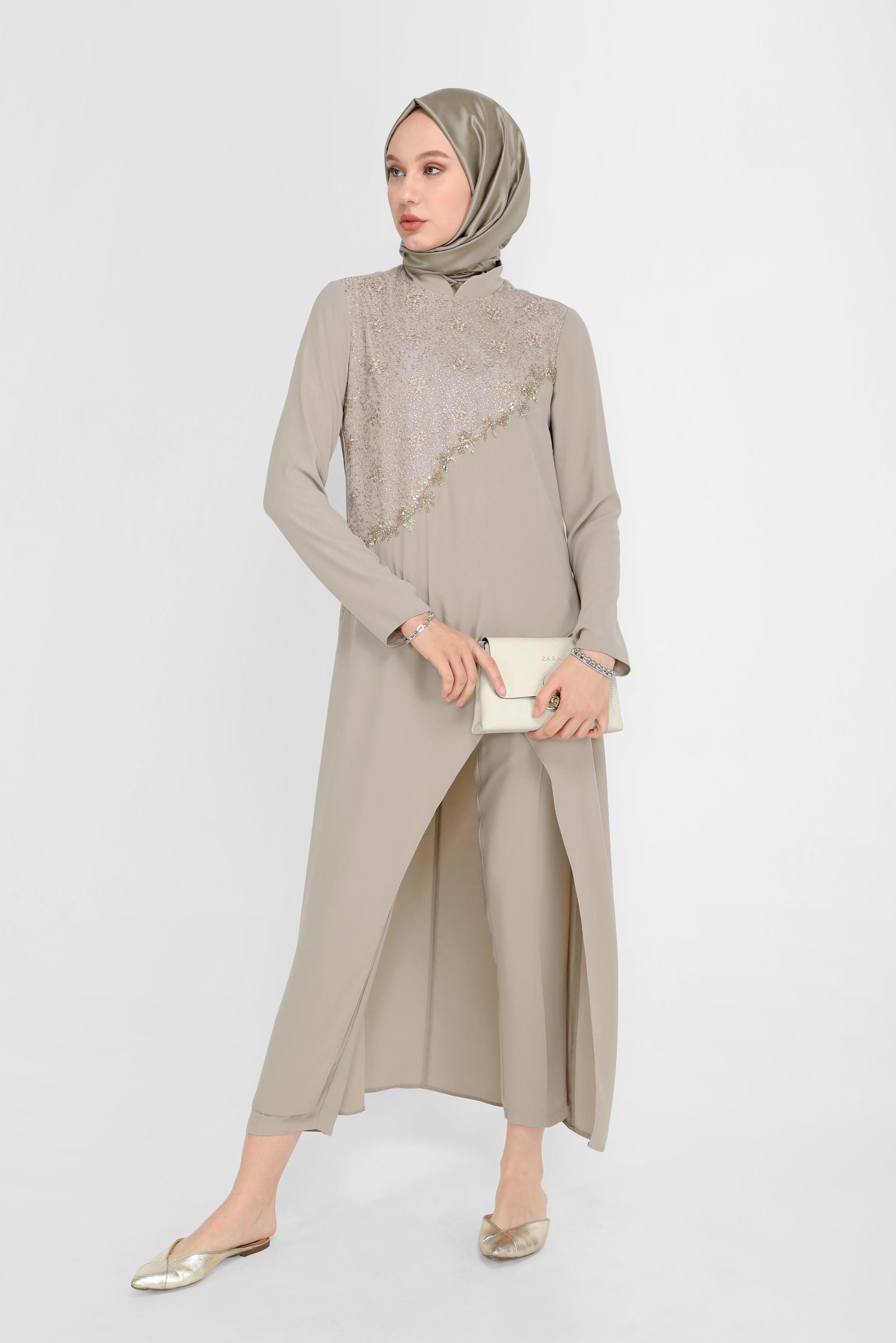 Tesettür giyim VİZON ASİMETRİK KESİM GÜPÜR DETAYLI İKİLİ PANT. TAKIM 30044   