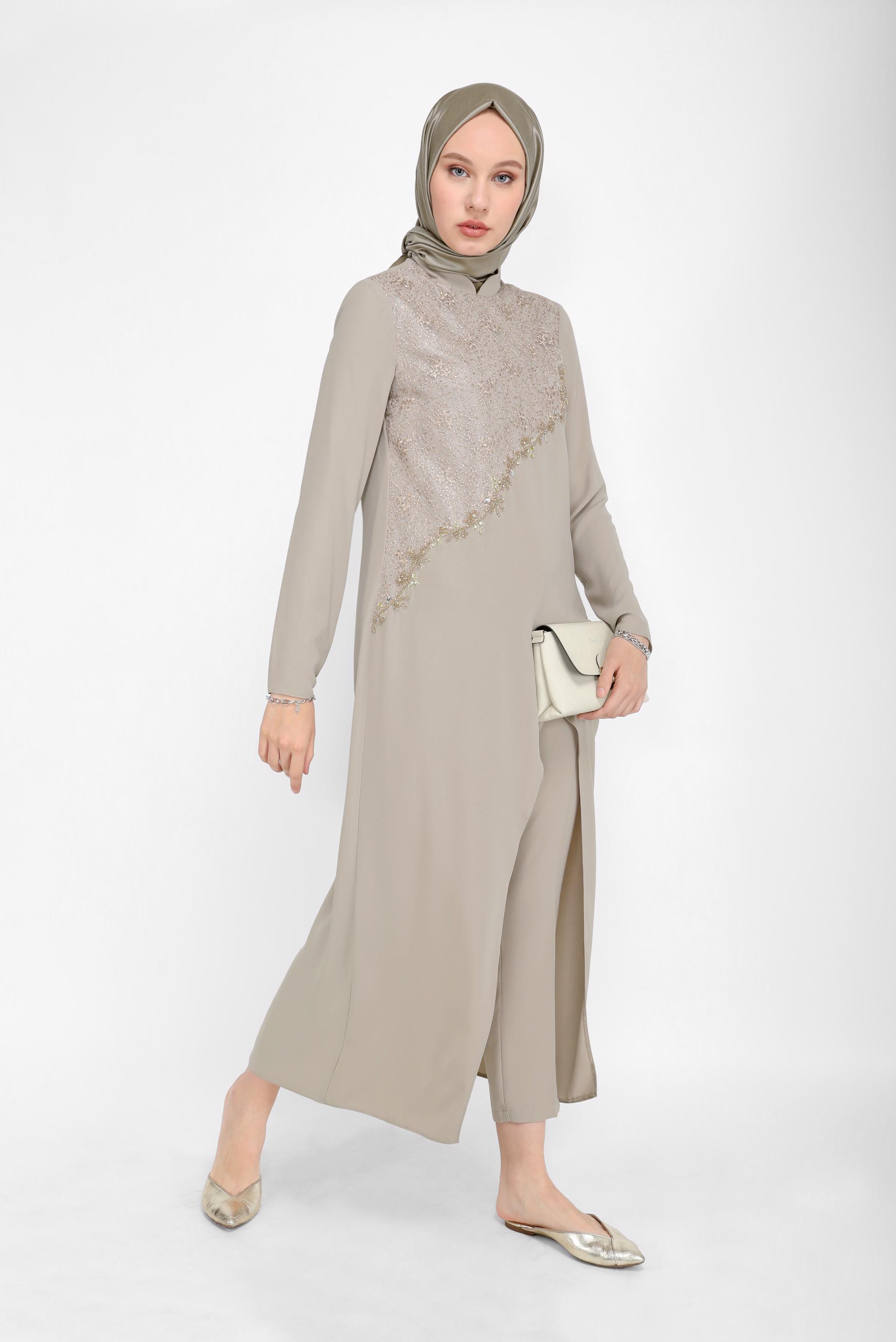 Tesettür giyim VİZON ASİMETRİK KESİM GÜPÜR DETAYLI İKİLİ PANT. TAKIM 30044   