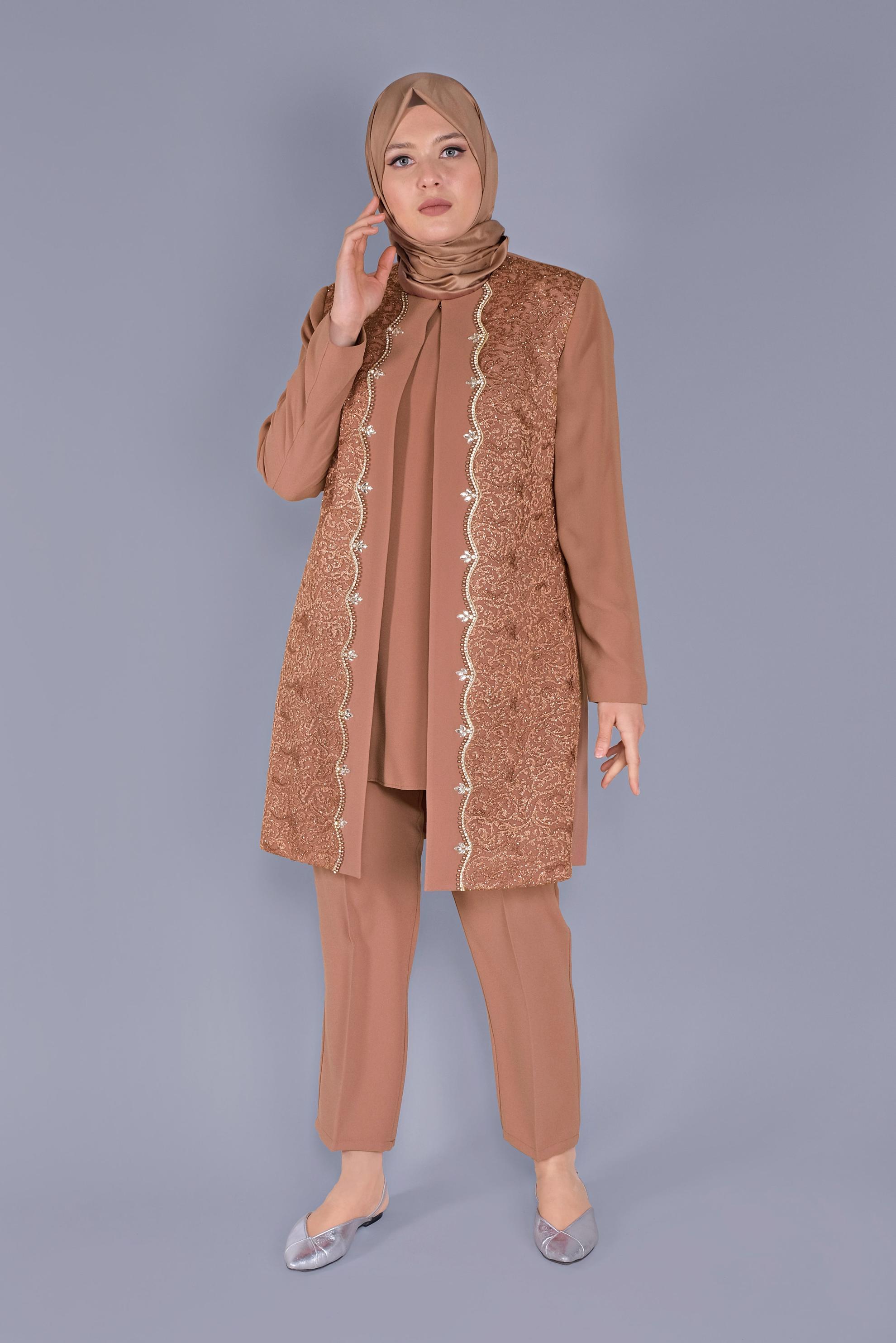 Hijab clothing BROWN  STONE PRINTED 3-PIECE SUIT 30047