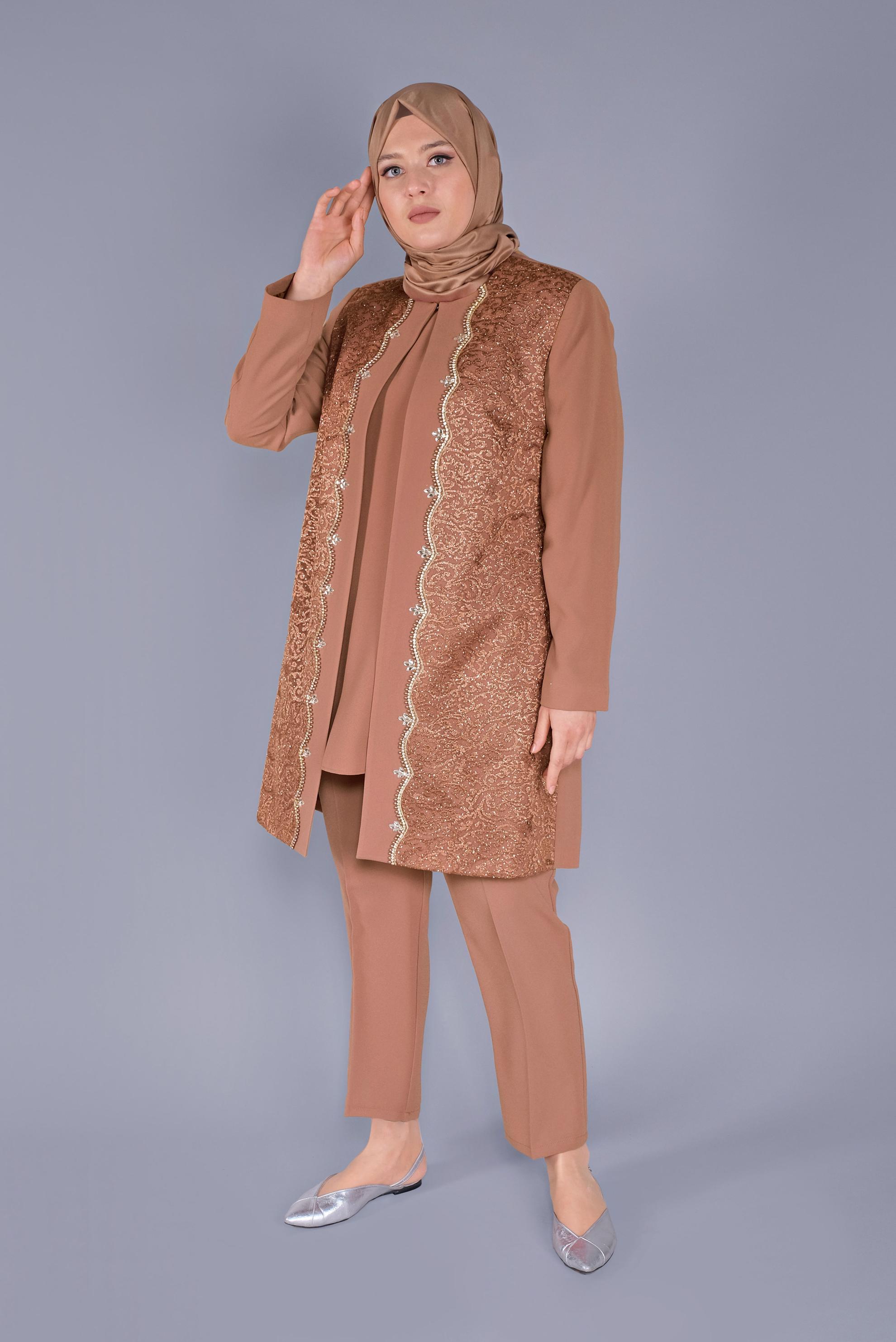 Hijab clothing BROWN  STONE PRINTED 3-PIECE SUIT 30047