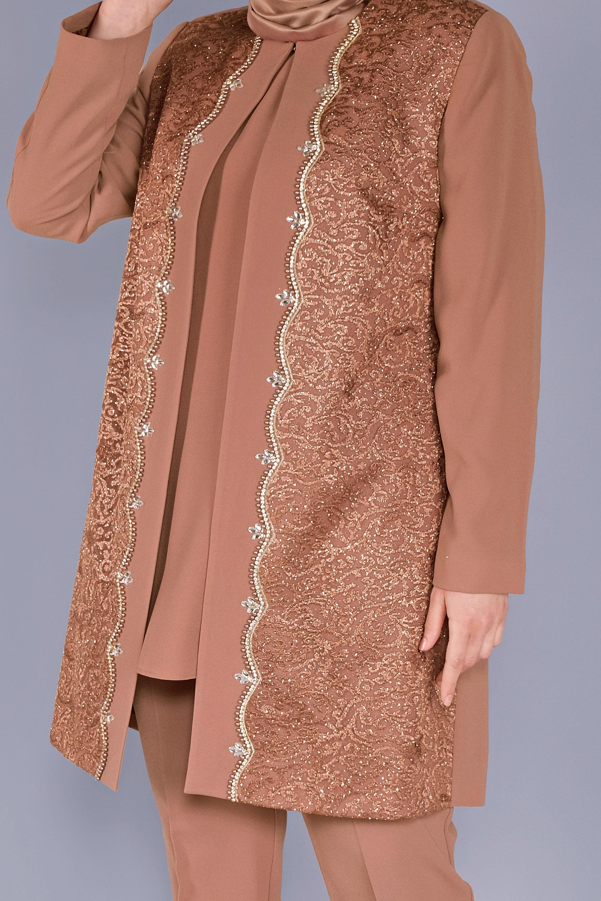 Hijab clothing BROWN  STONE PRINTED 3-PIECE SUIT 30047