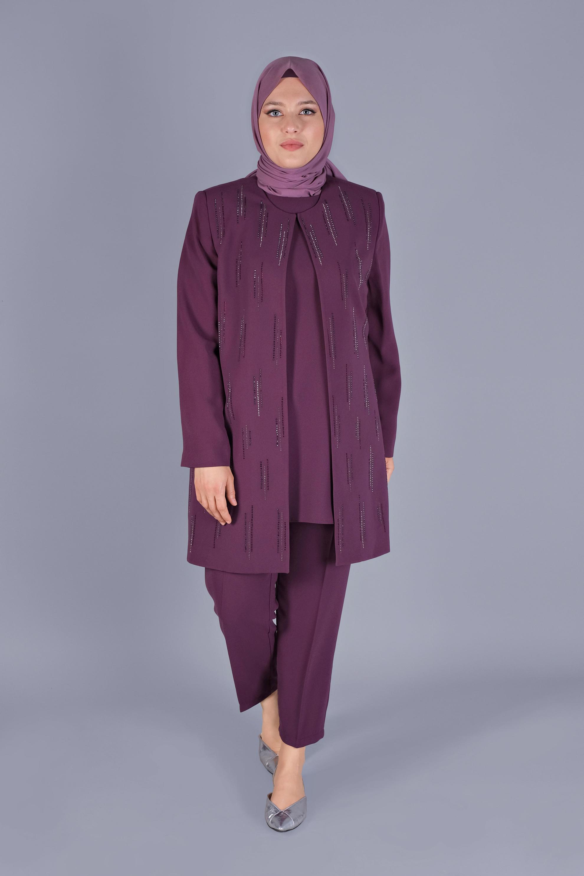 Hijab clothing PURPLE GEM EMBROIDERED 3-PIECE PANTS SUIT 30051 