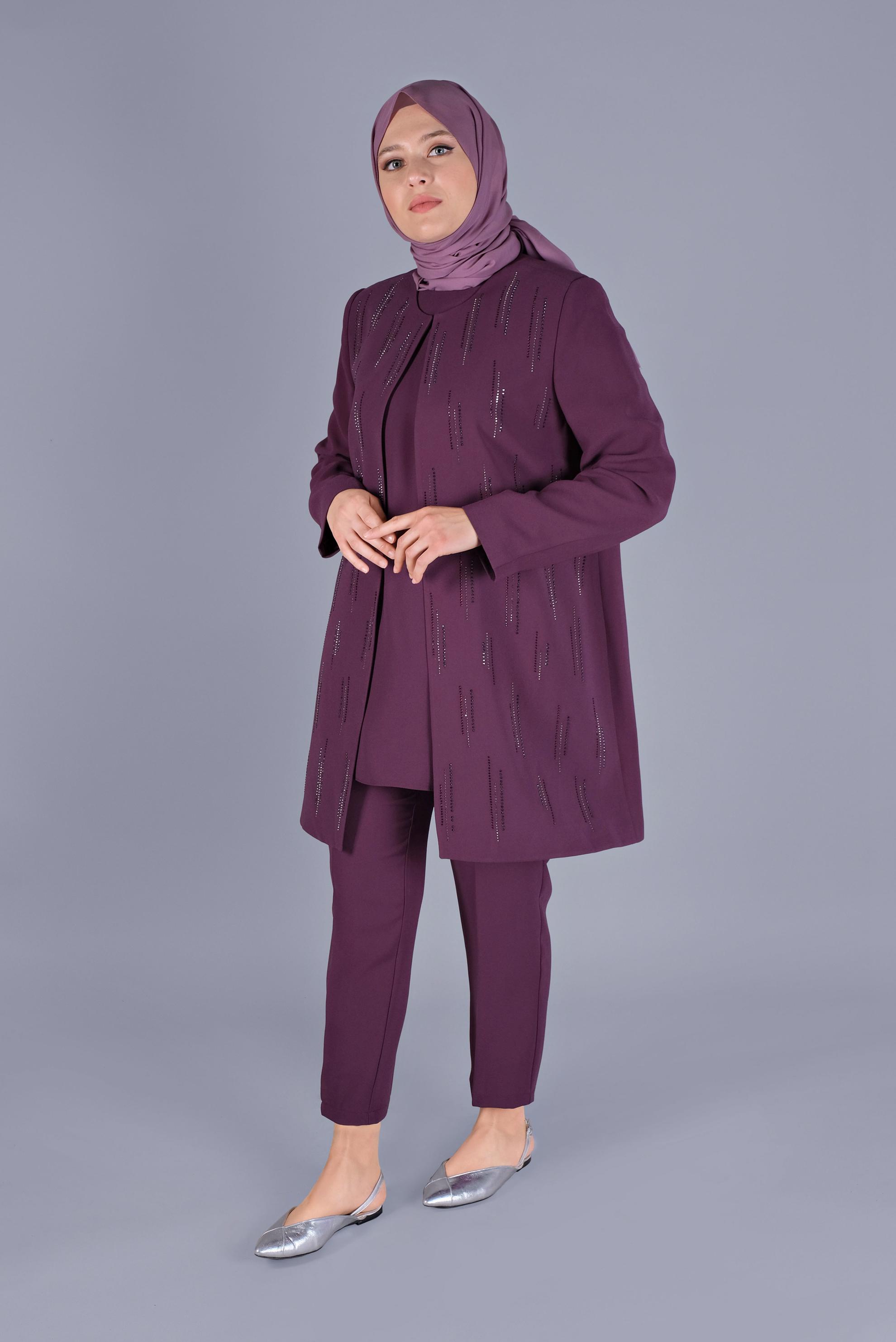 Hijab clothing PURPLE GEM EMBROIDERED 3-PIECE PANTS SUIT 30051 