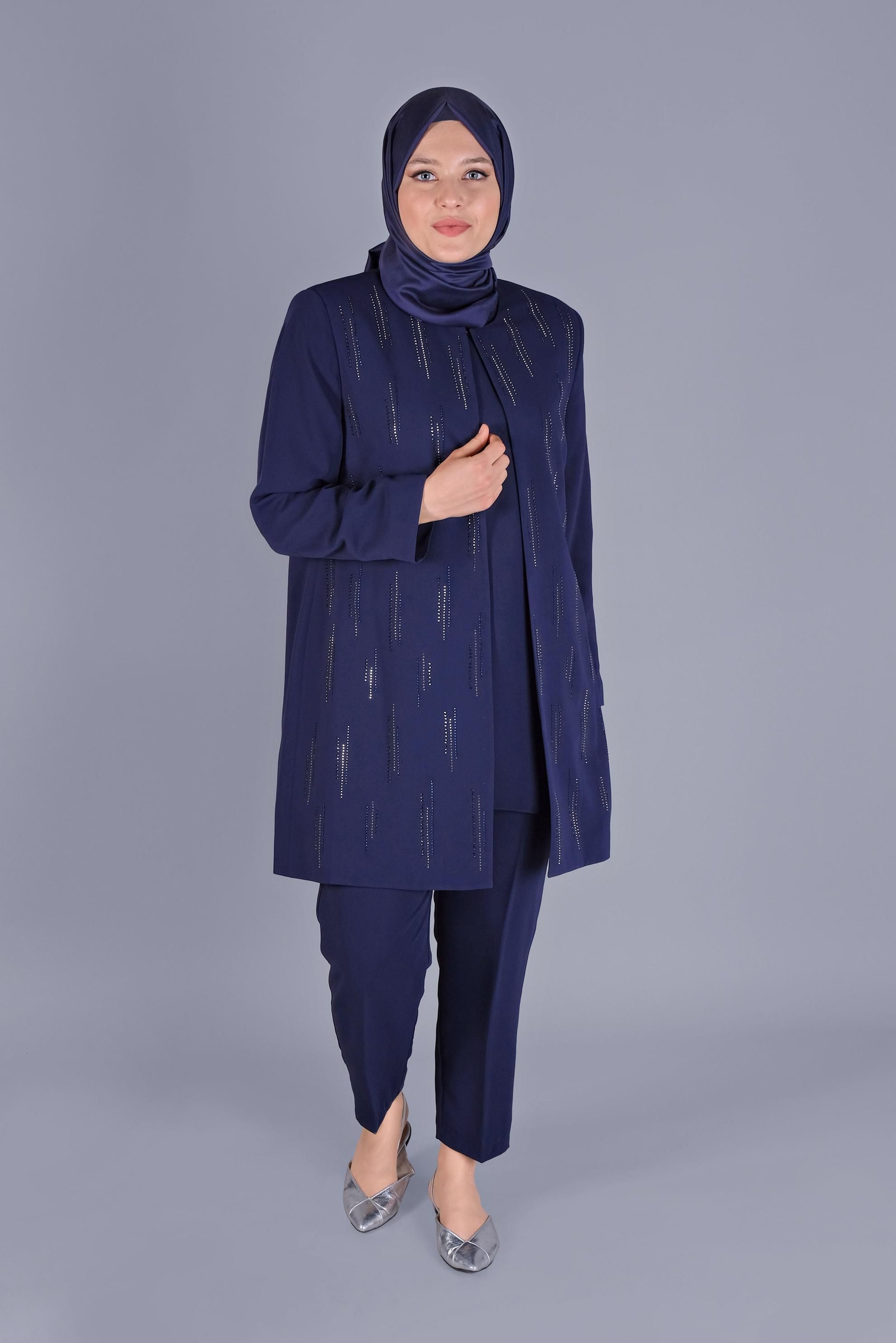 Hijab clothing NAVY BLUE GEM EMBROIDERED 3-PIECE PANTS SUIT 30051 