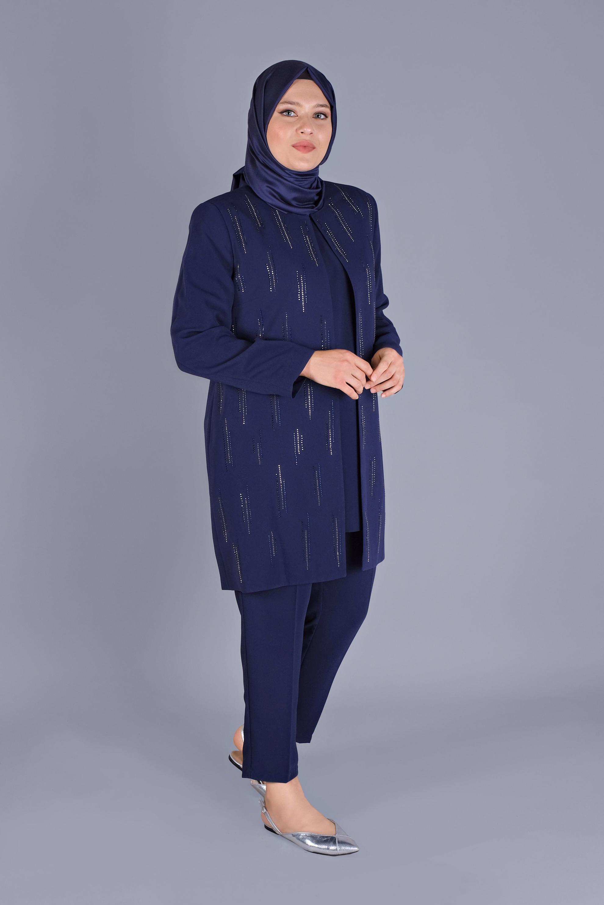 Hijab clothing NAVY BLUE GEM EMBROIDERED 3-PIECE PANTS SUIT 30051 