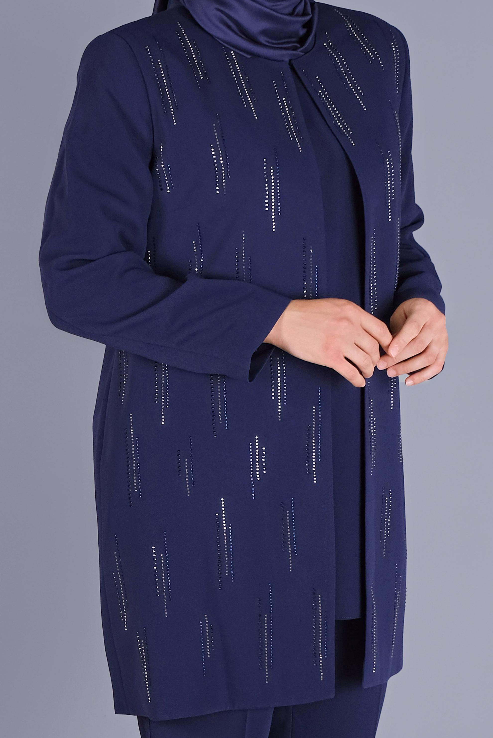 Hijab clothing NAVY BLUE GEM EMBROIDERED 3-PIECE PANTS SUIT 30051 