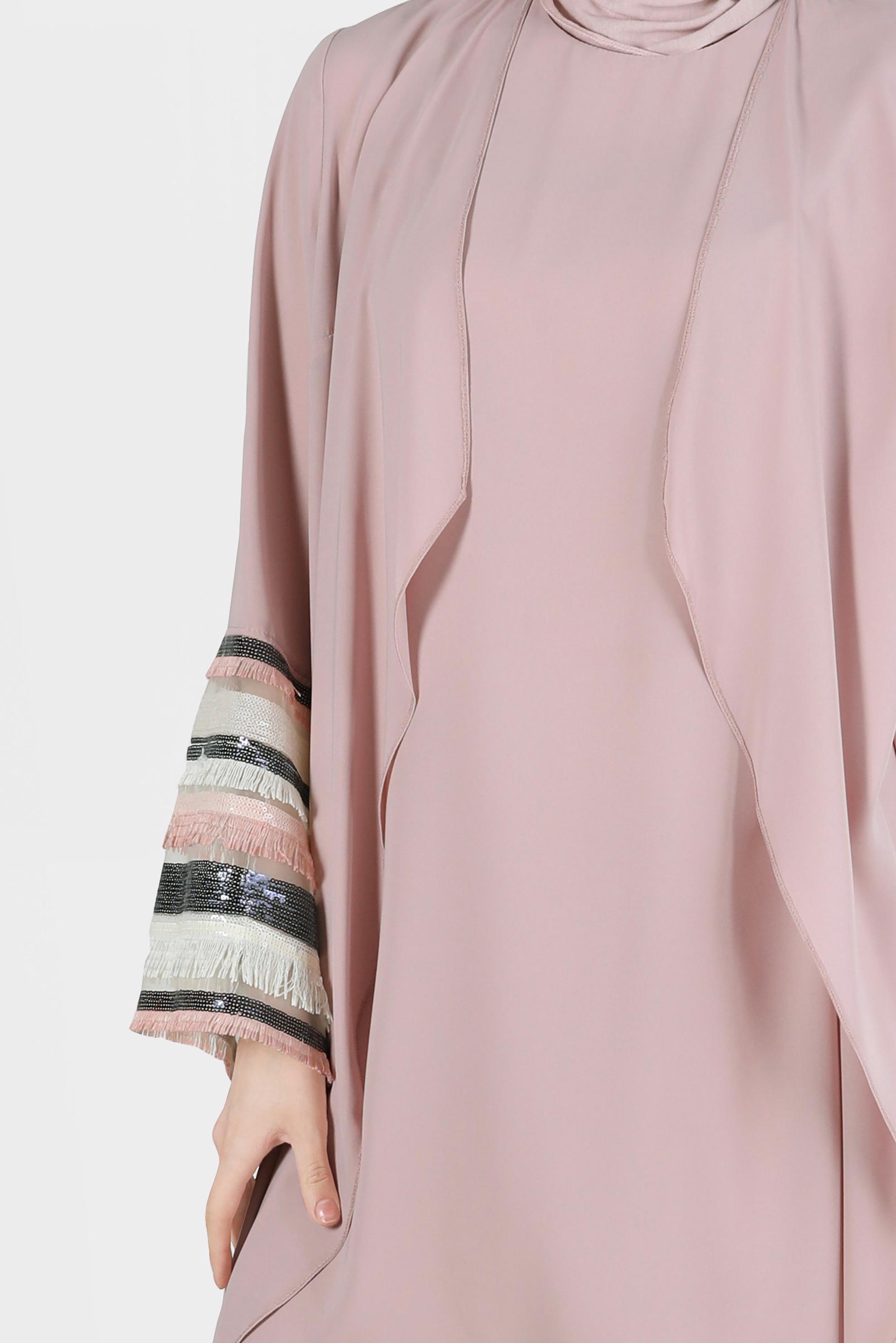 Tesettür giyim PUDRA PÜSKÜL DETAYLI ÜÇLÜ PANTOLONLU TAKIM 3556