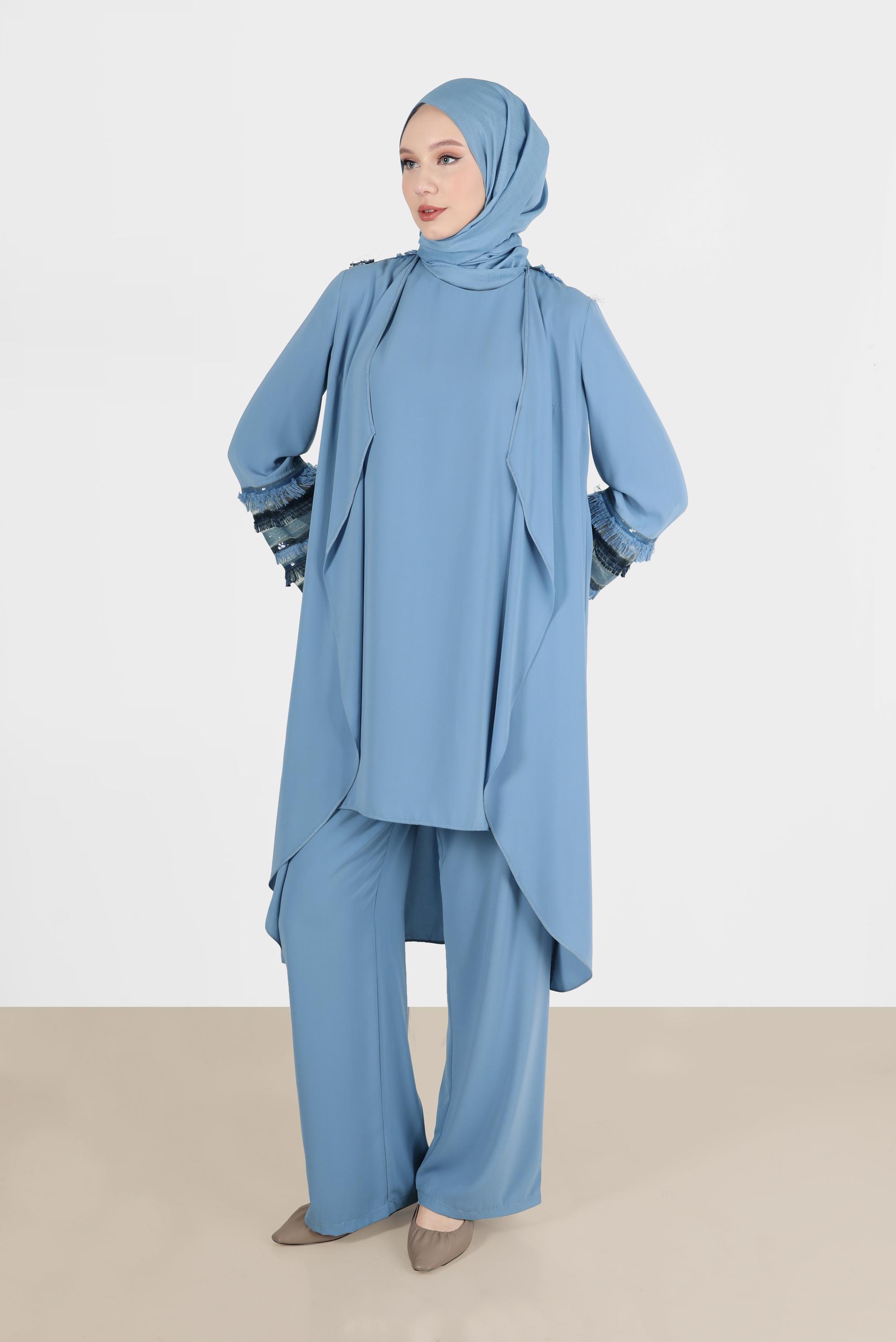 Tesettür giyim MAVİ PÜSKÜL DETAYLI ÜÇLÜ PANTOLONLU TAKIM 3556