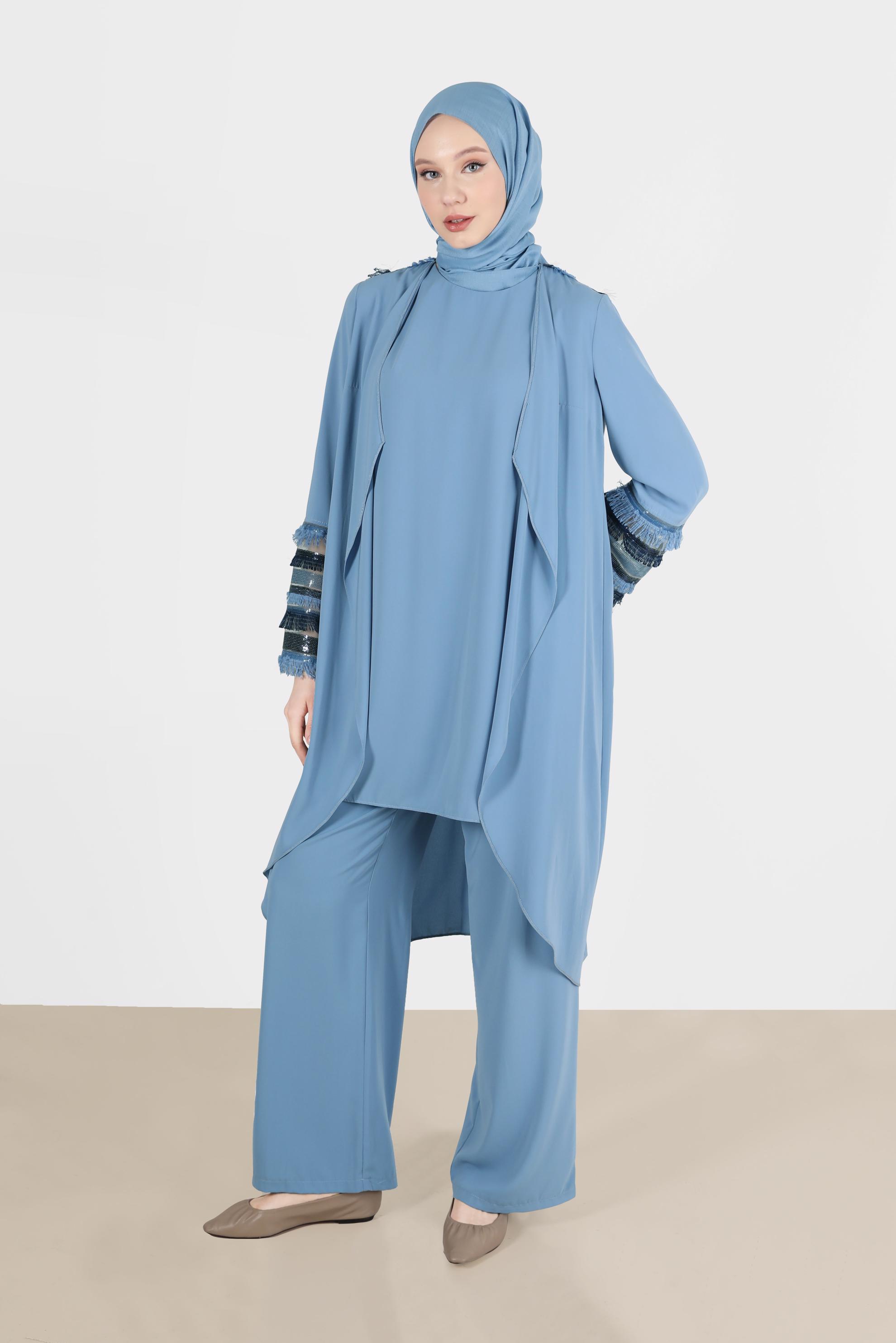 Tesettür giyim MAVİ PÜSKÜL DETAYLI ÜÇLÜ PANTOLONLU TAKIM 3556