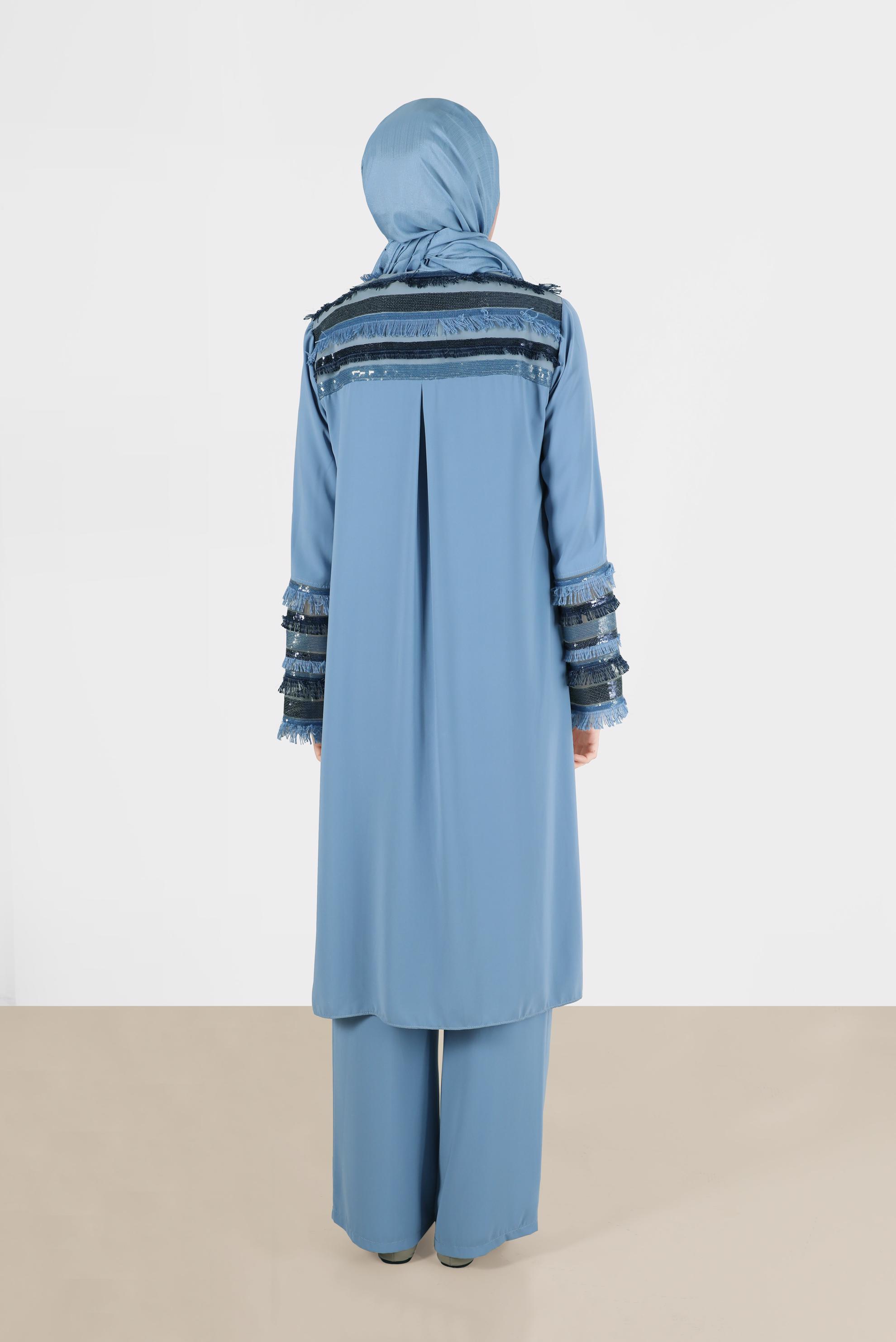 Tesettür giyim MAVİ PÜSKÜL DETAYLI ÜÇLÜ PANTOLONLU TAKIM 3556