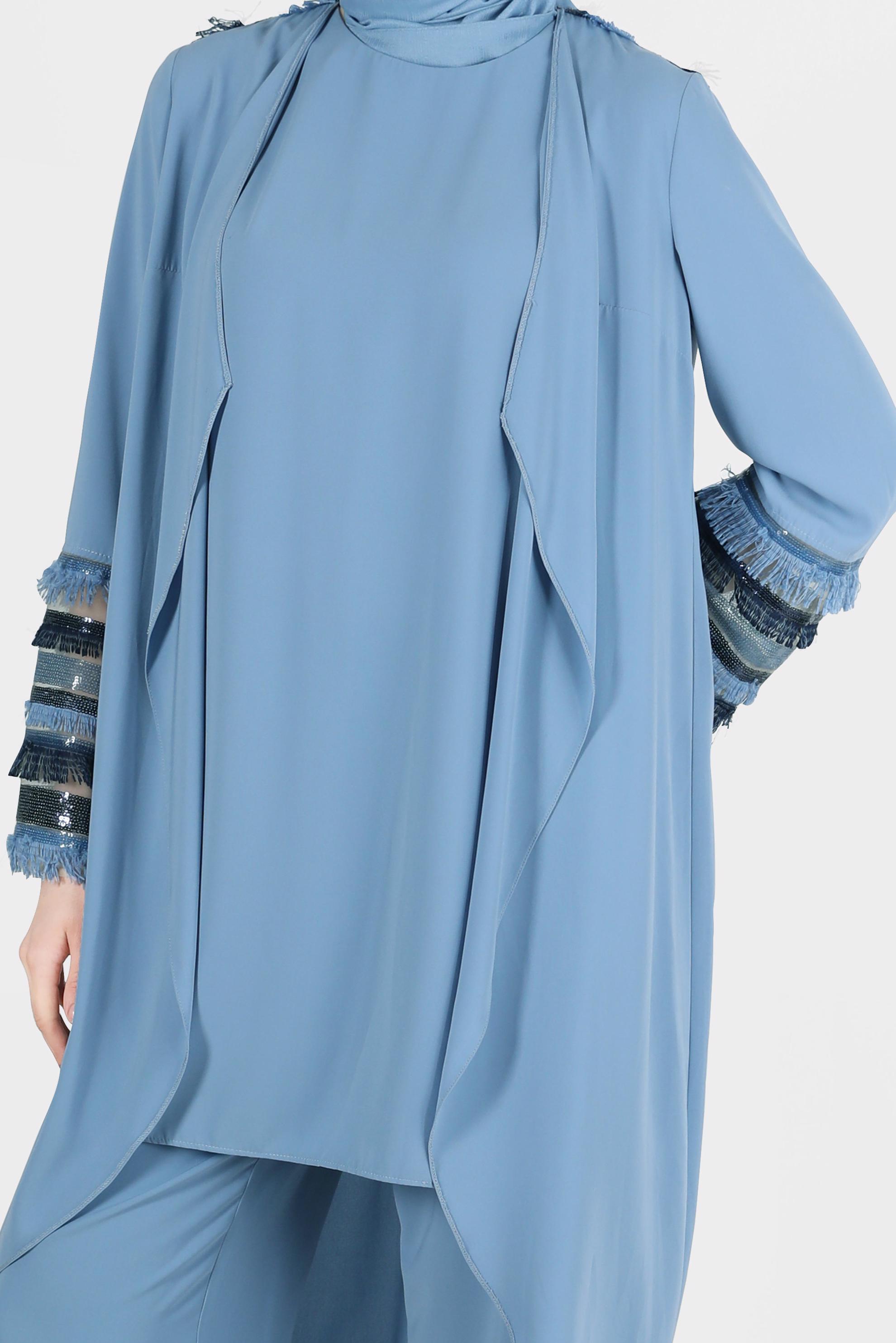 Tesettür giyim MAVİ PÜSKÜL DETAYLI ÜÇLÜ PANTOLONLU TAKIM 3556