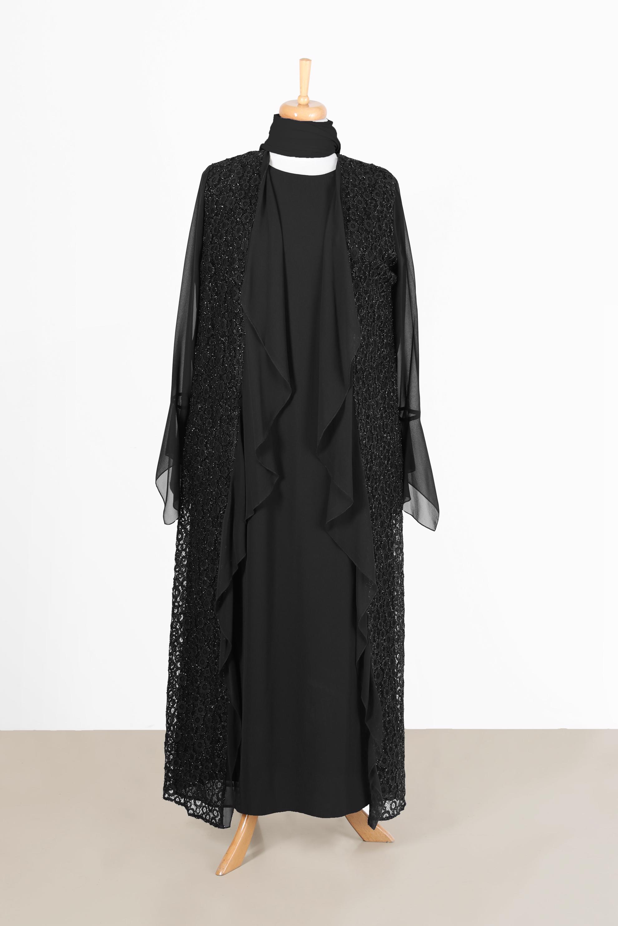 Vêtements hijab NOIR ROBE EN DENTELLE MOUSSELINE AVEC MANCHES SUSPENDUES 3567