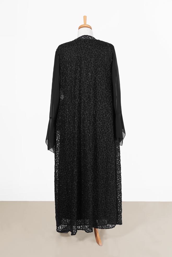 Vêtements hijab NOIR ROBE EN DENTELLE MOUSSELINE AVEC MANCHES SUSPENDUES 3567 - ALVİNA