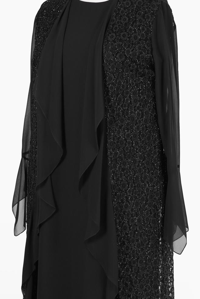 Vêtements hijab NOIR ROBE EN DENTELLE MOUSSELINE AVEC MANCHES SUSPENDUES 3567 - ALVİNA