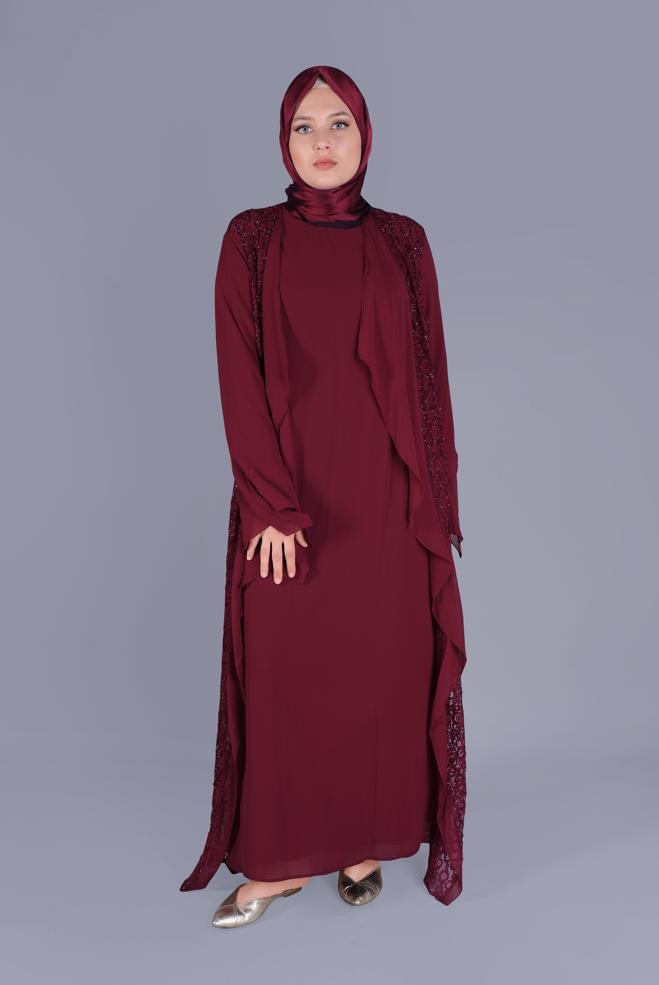 Vêtements hijab ROUGE BORDEAUX ROBE EN DENTELLE MOUSSELINE AVEC MANCHES SUSPENDUES 3567 - ALVİNA