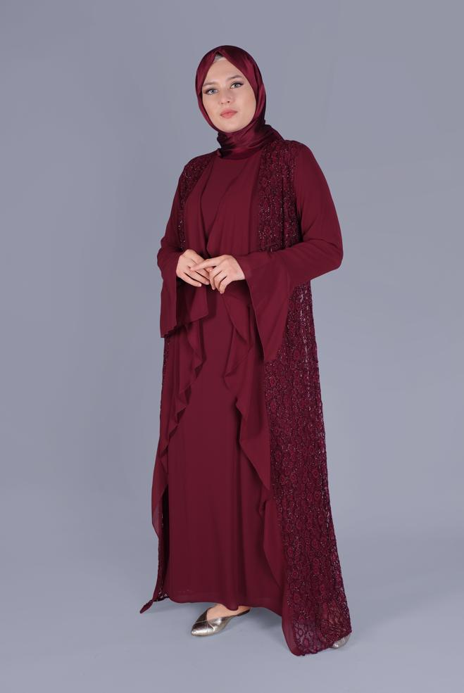 Vêtements hijab ROUGE BORDEAUX ROBE EN DENTELLE MOUSSELINE AVEC MANCHES SUSPENDUES 3567 - ALVİNA
