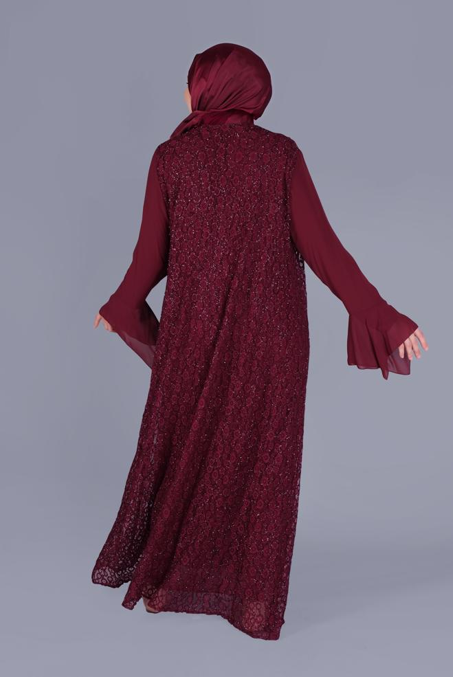 Vêtements hijab ROUGE BORDEAUX ROBE EN DENTELLE MOUSSELINE AVEC MANCHES SUSPENDUES 3567 - ALVİNA