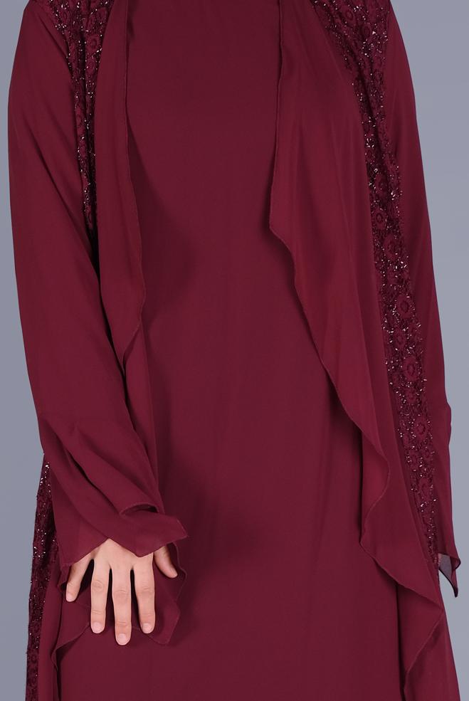 Vêtements hijab ROUGE BORDEAUX ROBE EN DENTELLE MOUSSELINE AVEC MANCHES SUSPENDUES 3567 - ALVİNA