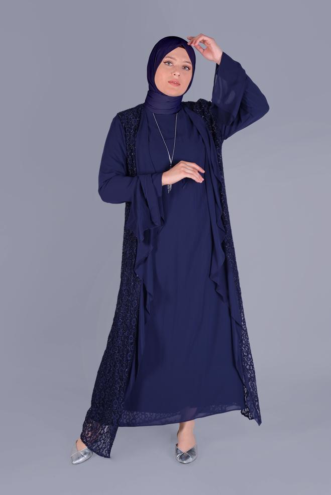 Hijab-Kleidung NAVY BLAU  ŞİFON İSPANYOL KOL DANTEL İKİLİ ELBİSE 3567 - ALVİNA
