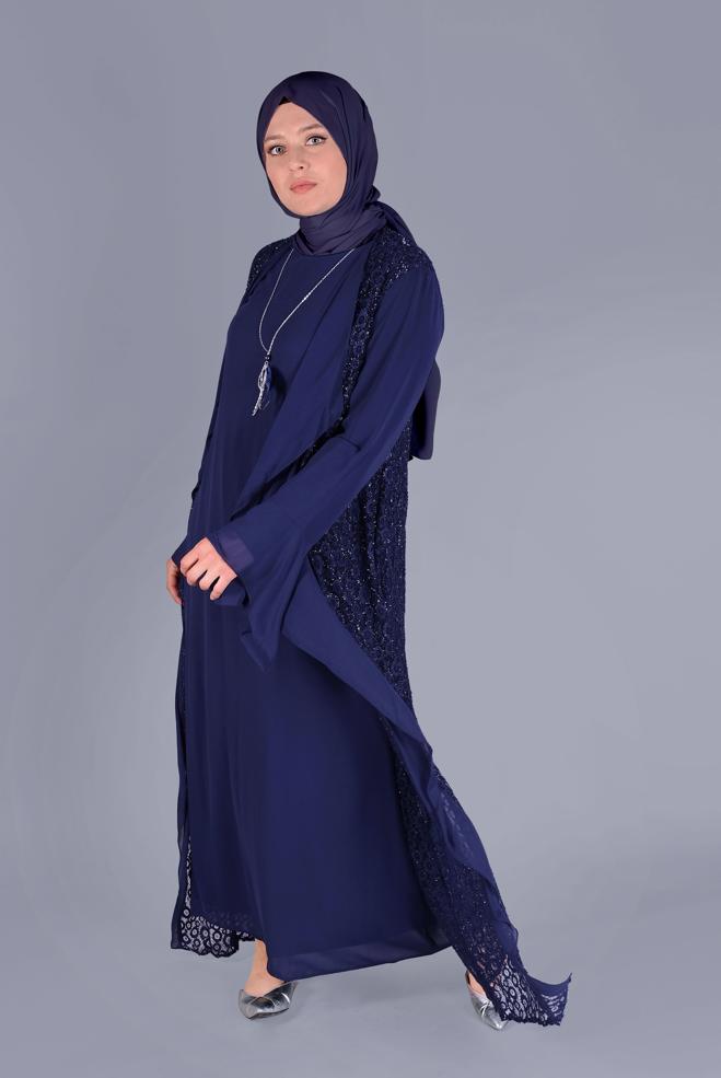 Hijab-Kleidung NAVY BLAU  ŞİFON İSPANYOL KOL DANTEL İKİLİ ELBİSE 3567 - ALVİNA