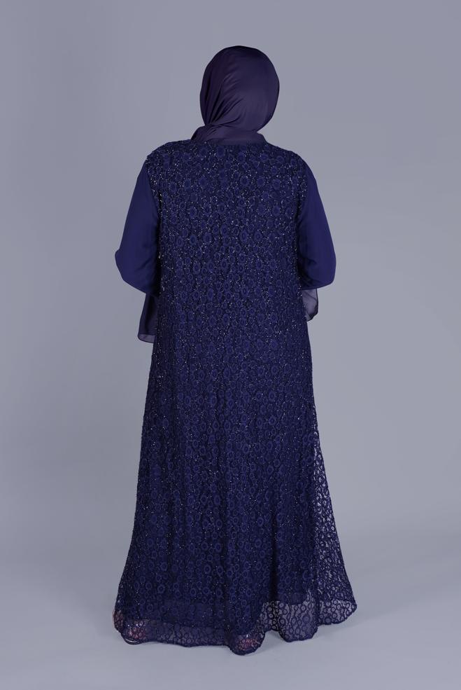 Hijab-Kleidung NAVY BLAU  ŞİFON İSPANYOL KOL DANTEL İKİLİ ELBİSE 3567 - ALVİNA