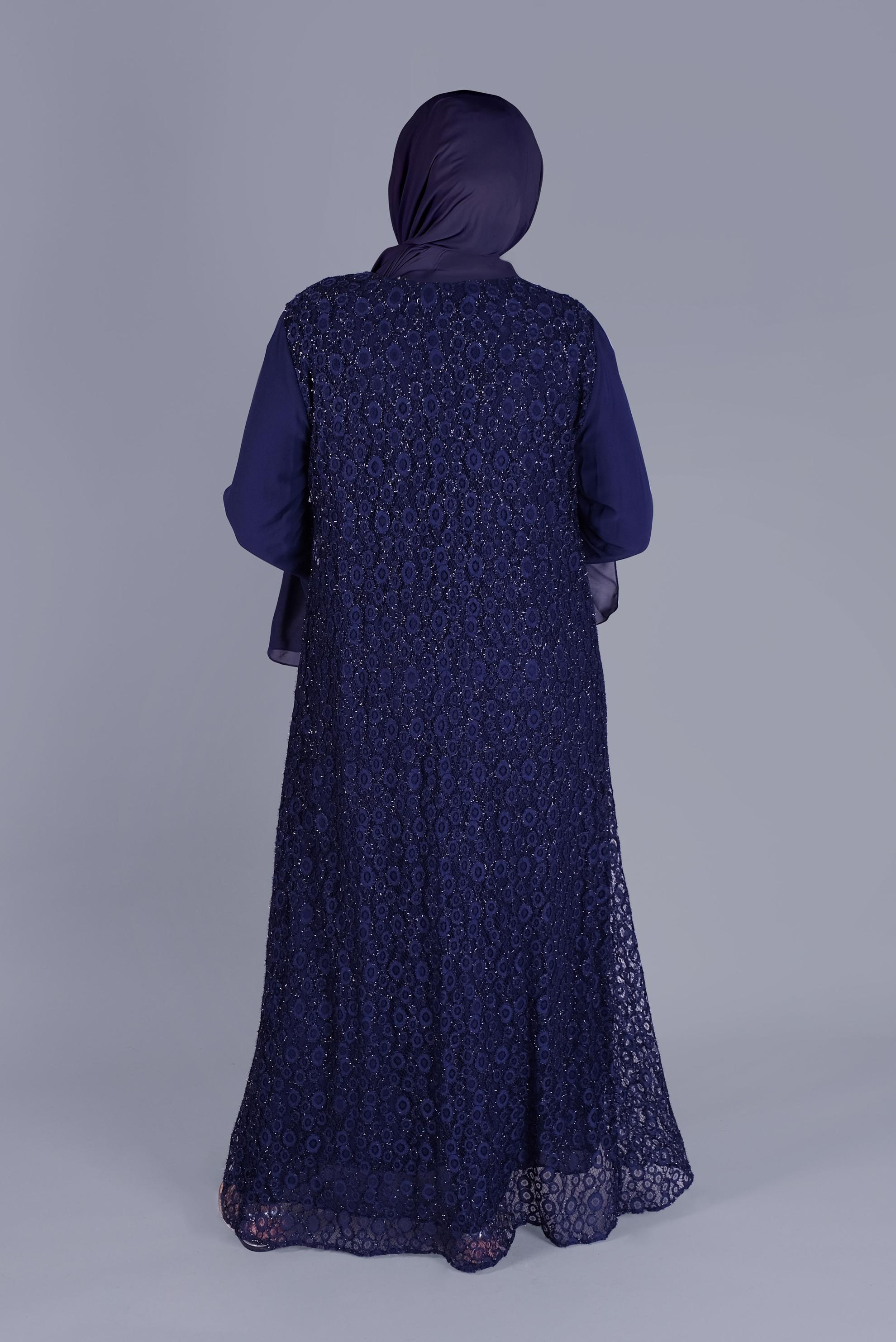 Tesettür giyim LACİVERT  ŞİFON İSPANYOL KOL DANTEL İKİLİ ELBİSE 3567