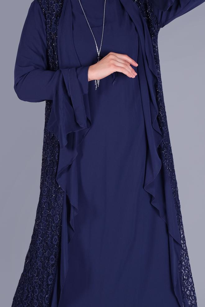 Hijab-Kleidung NAVY BLAU  ŞİFON İSPANYOL KOL DANTEL İKİLİ ELBİSE 3567 - ALVİNA
