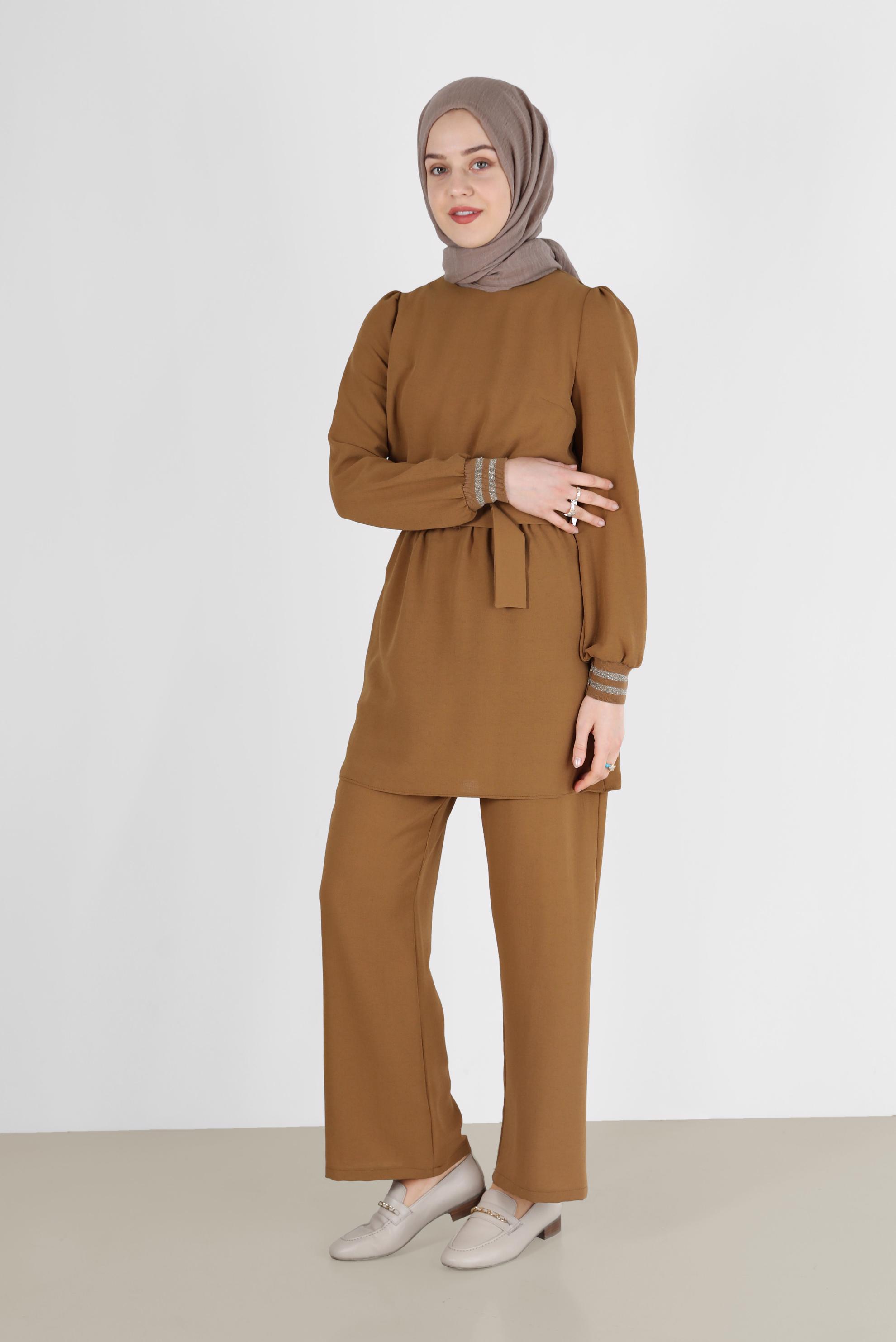 Tesettür giyim SARI SİMLİ PANTOLONLU TAKIM 40533