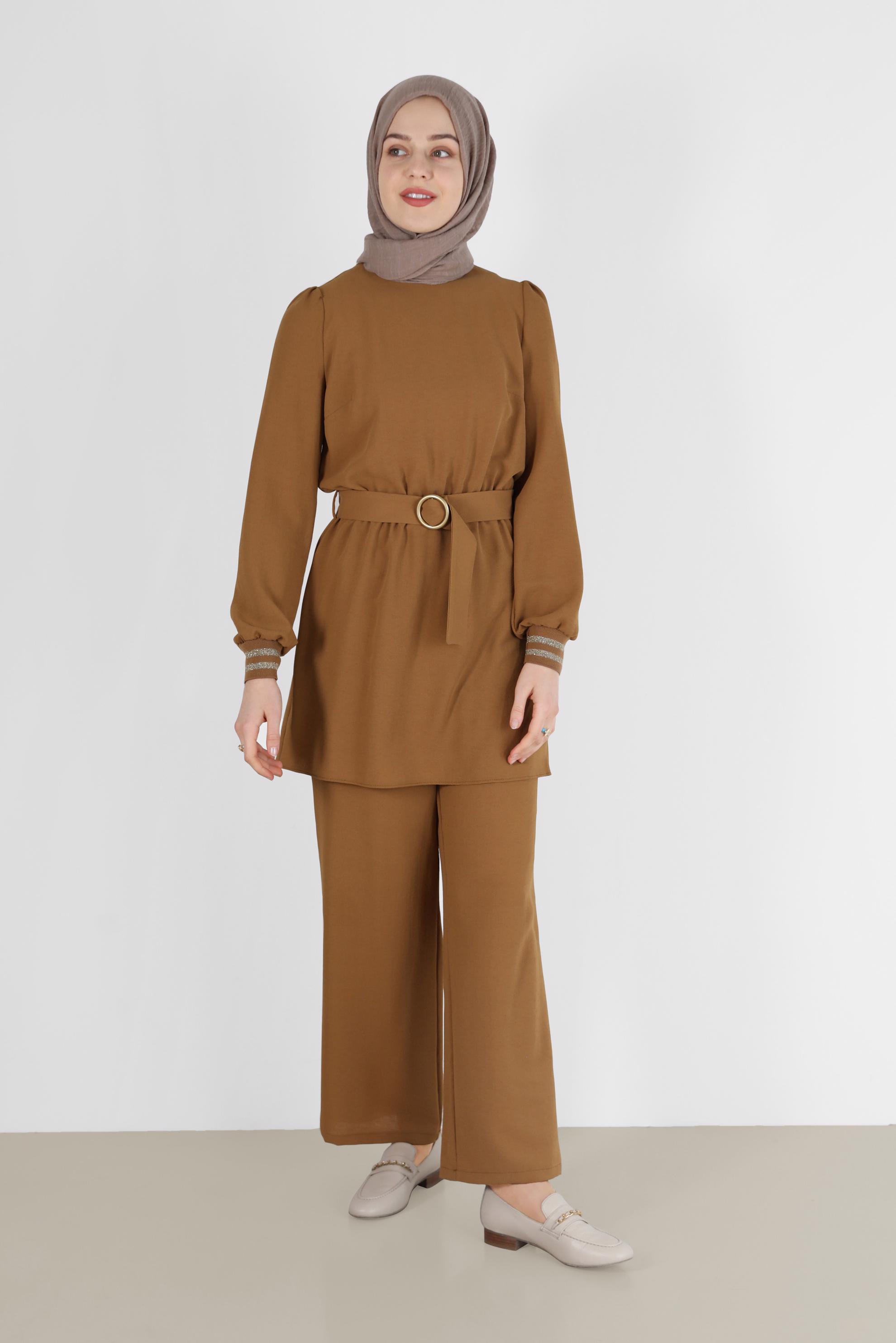 Tesettür giyim SARI SİMLİ PANTOLONLU TAKIM 40533