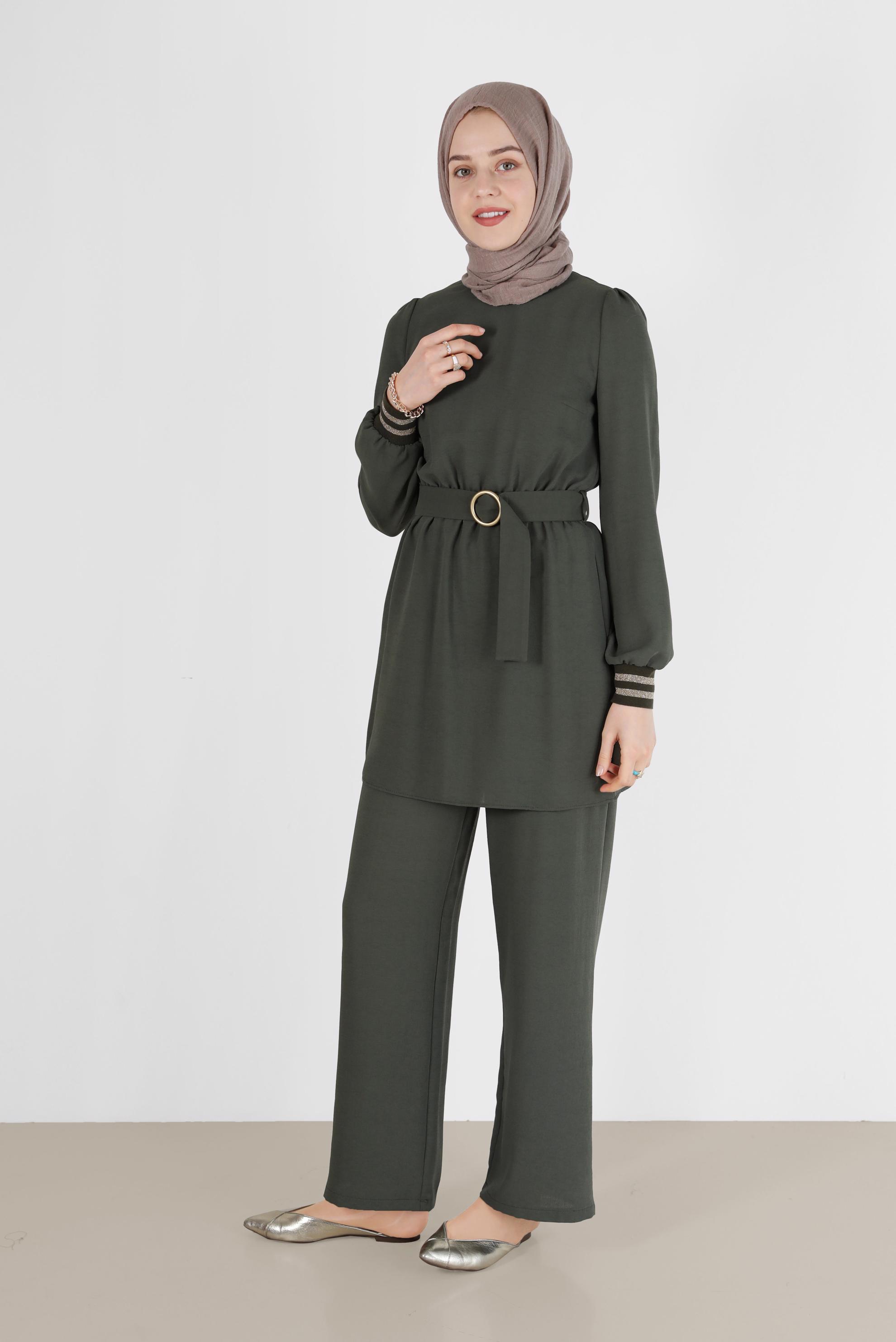 Tesettür giyim HAKİ SİMLİ PANTOLONLU TAKIM 40533