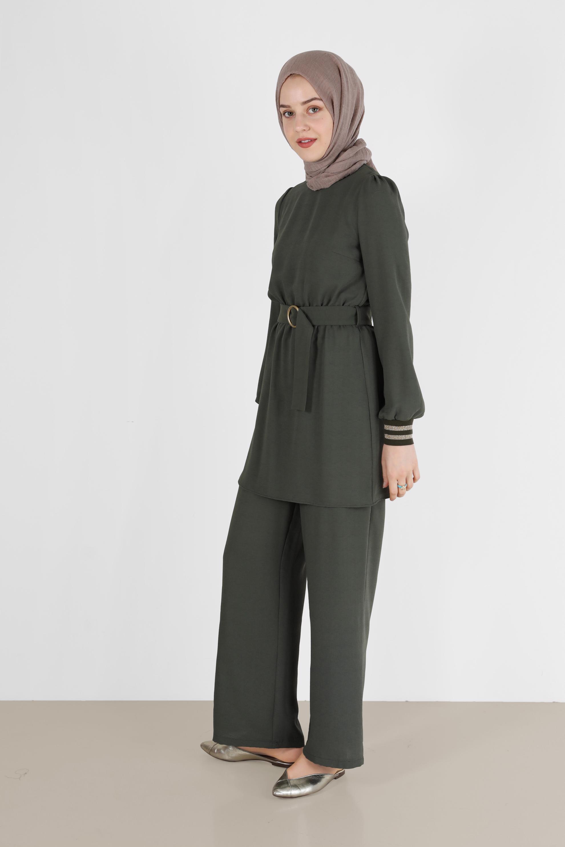 Tesettür giyim HAKİ SİMLİ PANTOLONLU TAKIM 40533