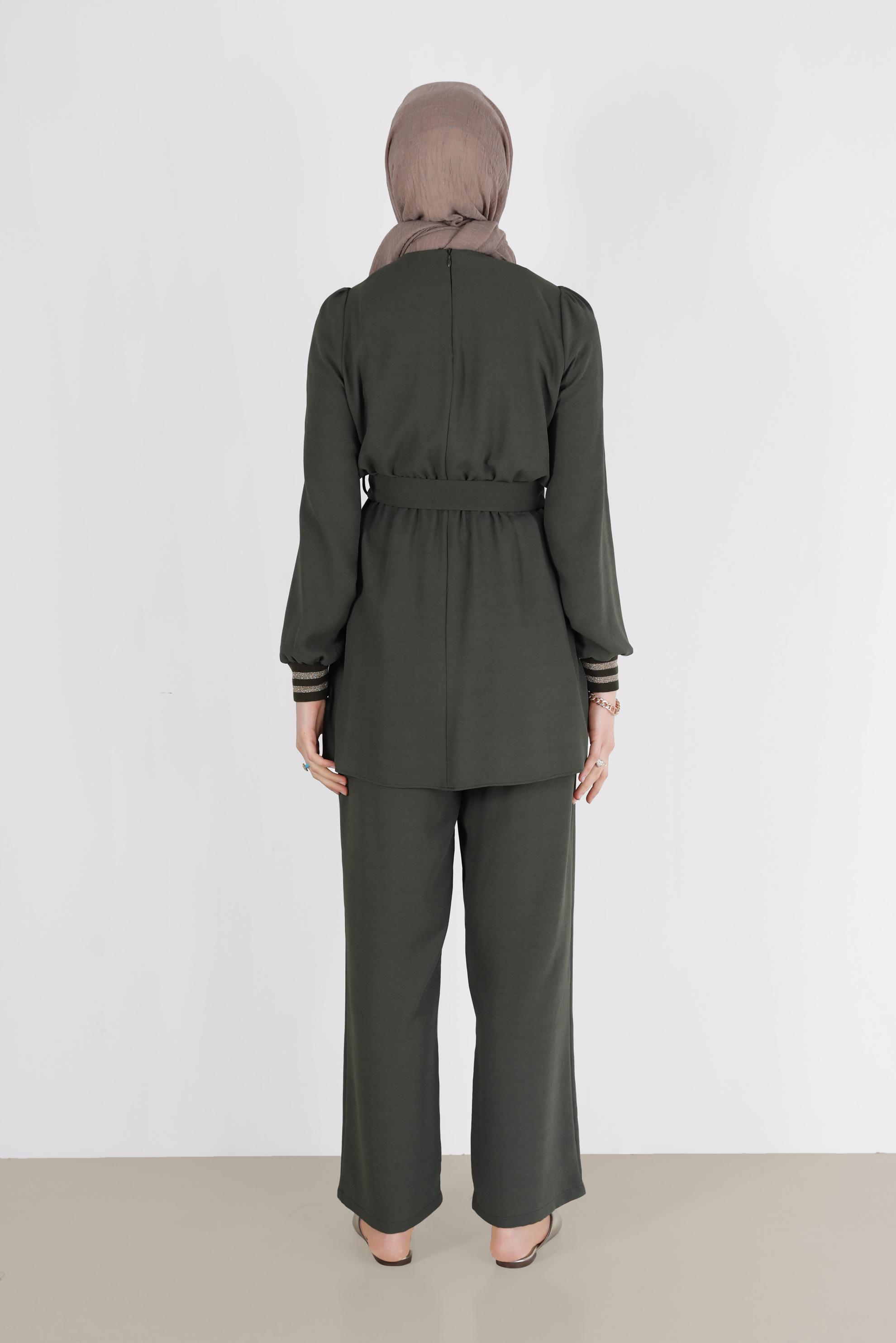 Tesettür giyim HAKİ SİMLİ PANTOLONLU TAKIM 40533