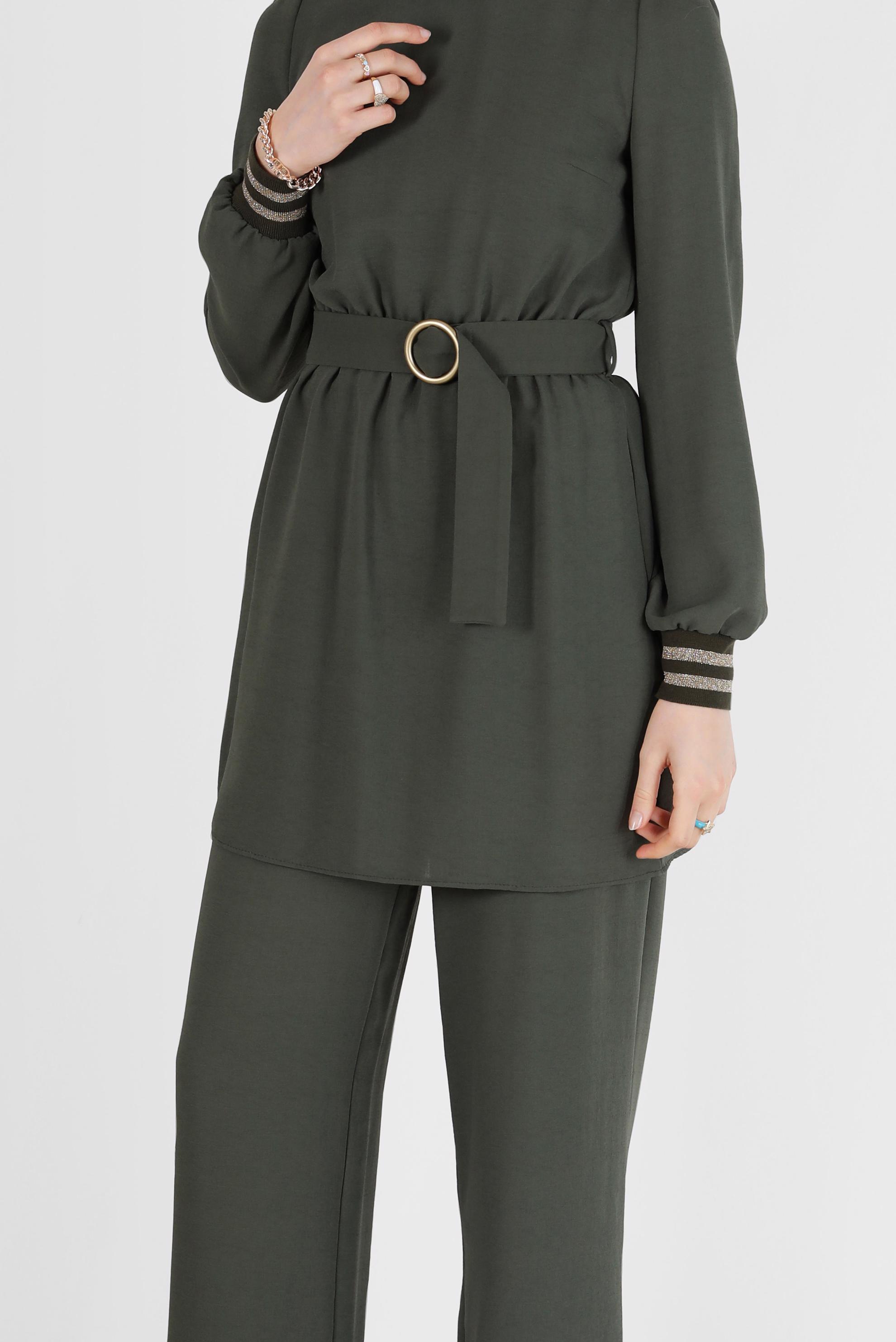 Tesettür giyim HAKİ SİMLİ PANTOLONLU TAKIM 40533