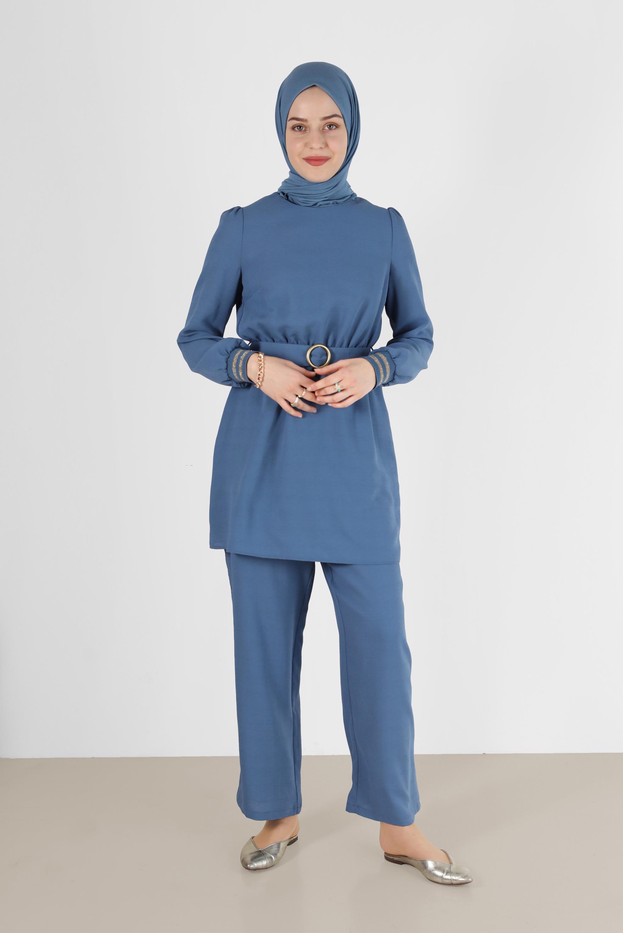 Tesettür giyim MAVİ SİMLİ PANTOLONLU TAKIM 40533